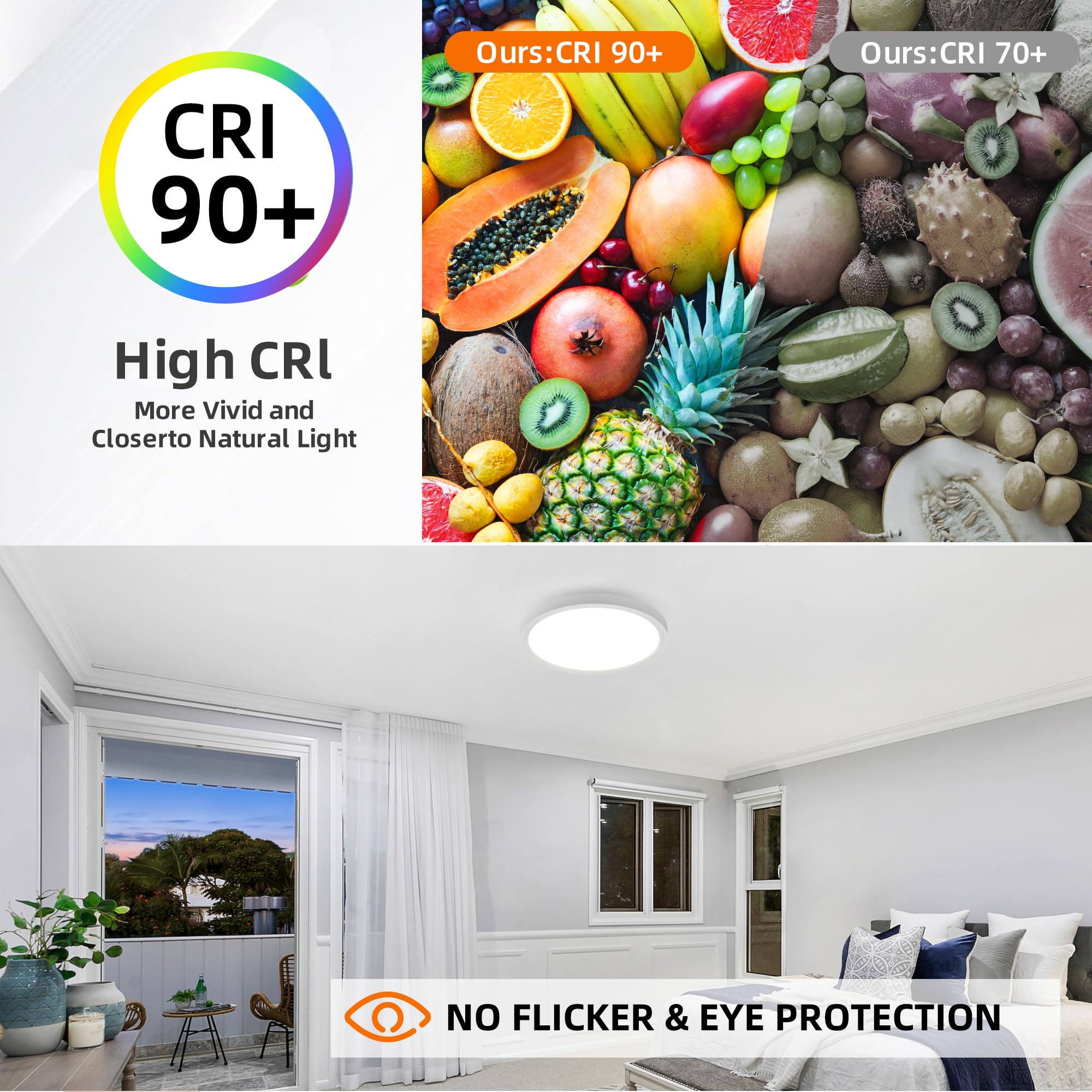 Hlite 12 Inch Flush Mount Led Ceiling Light With Night Light, 24W, 2400Lm, 3000K/4000K/5000K Selectable, Flat Lights For Ceiling, Dimmable Led Ceiling Light For Bedroom, Kitchen, White(1Pack)