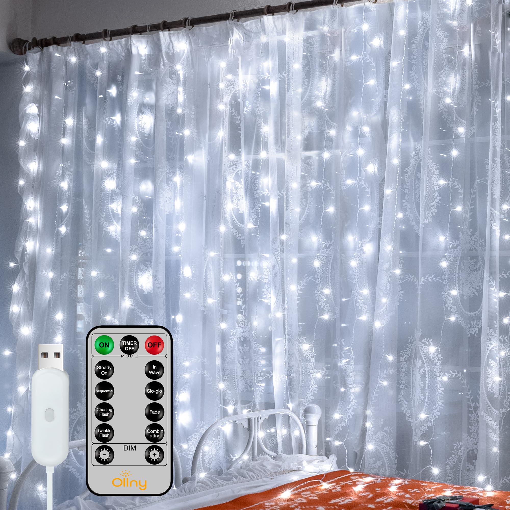 Ollny Curtain Lights 200LED, 6.6x6.6ft, Cool White, USB, Waterproof, 8 Modes, Remote Control, Model W0202M020L
