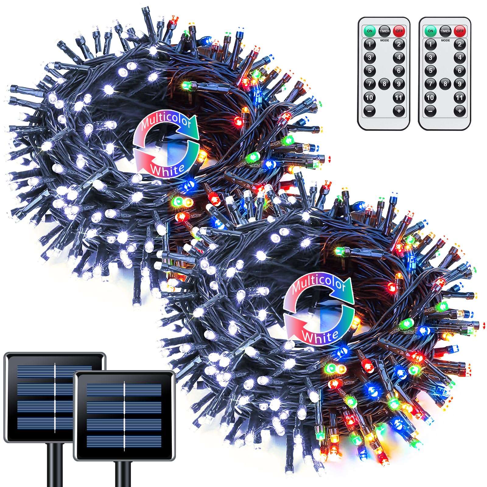 Jmexsuss Solar Christmas Lights, 100 Led Color Changing, 33Ft Waterproof, White To Multicolor, 2 Pack For Outdoor Decorations