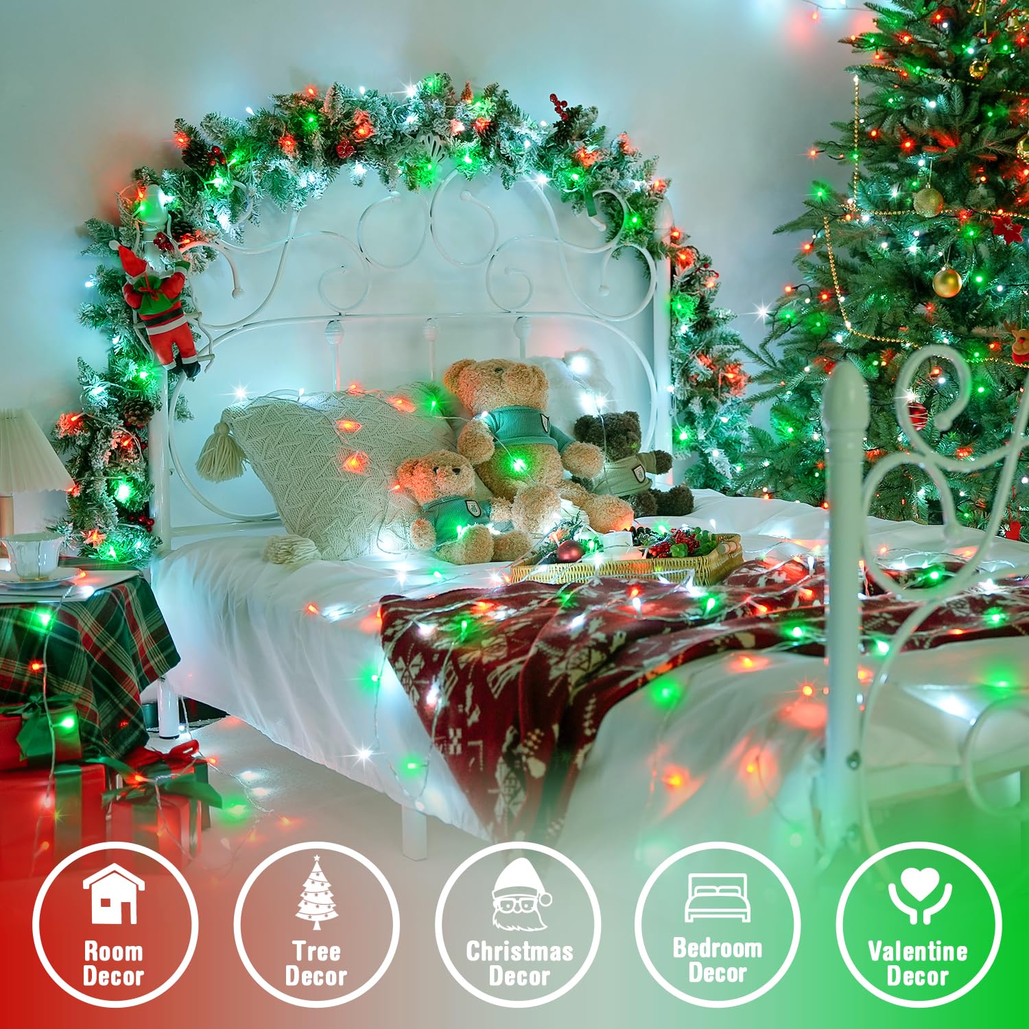 JMEXSUSS 100 LED Twinkle String Lights, Waterproof Indoor/Outdoor, 8 Modes, Clear Wire, Red White Green, Model EXS-S-0100