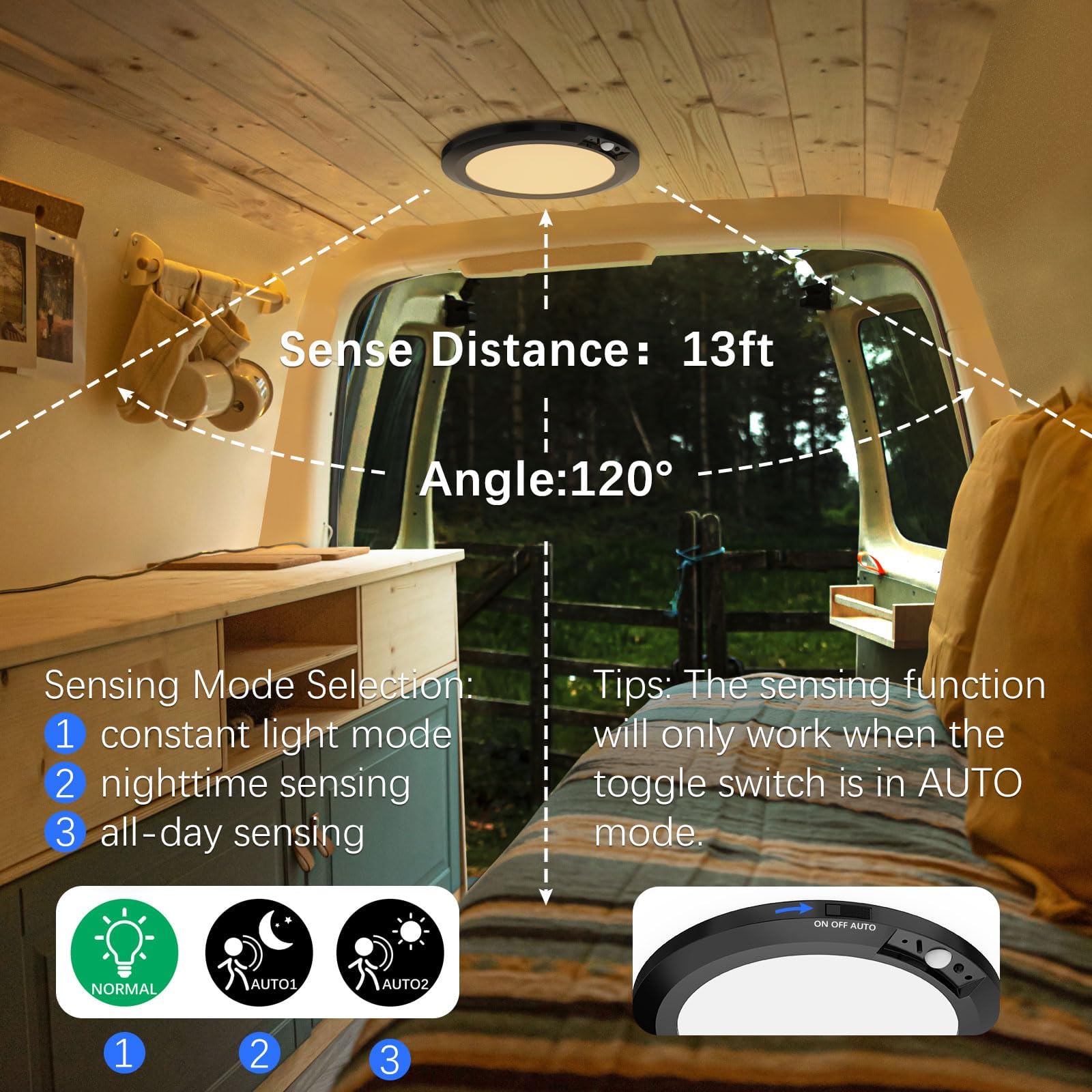 Koopala Battery Operated LED Ceiling Light Fixture with Auto Motion Sensor, 3 Colors/Brightness, Black, Model KP-DY102-B-US