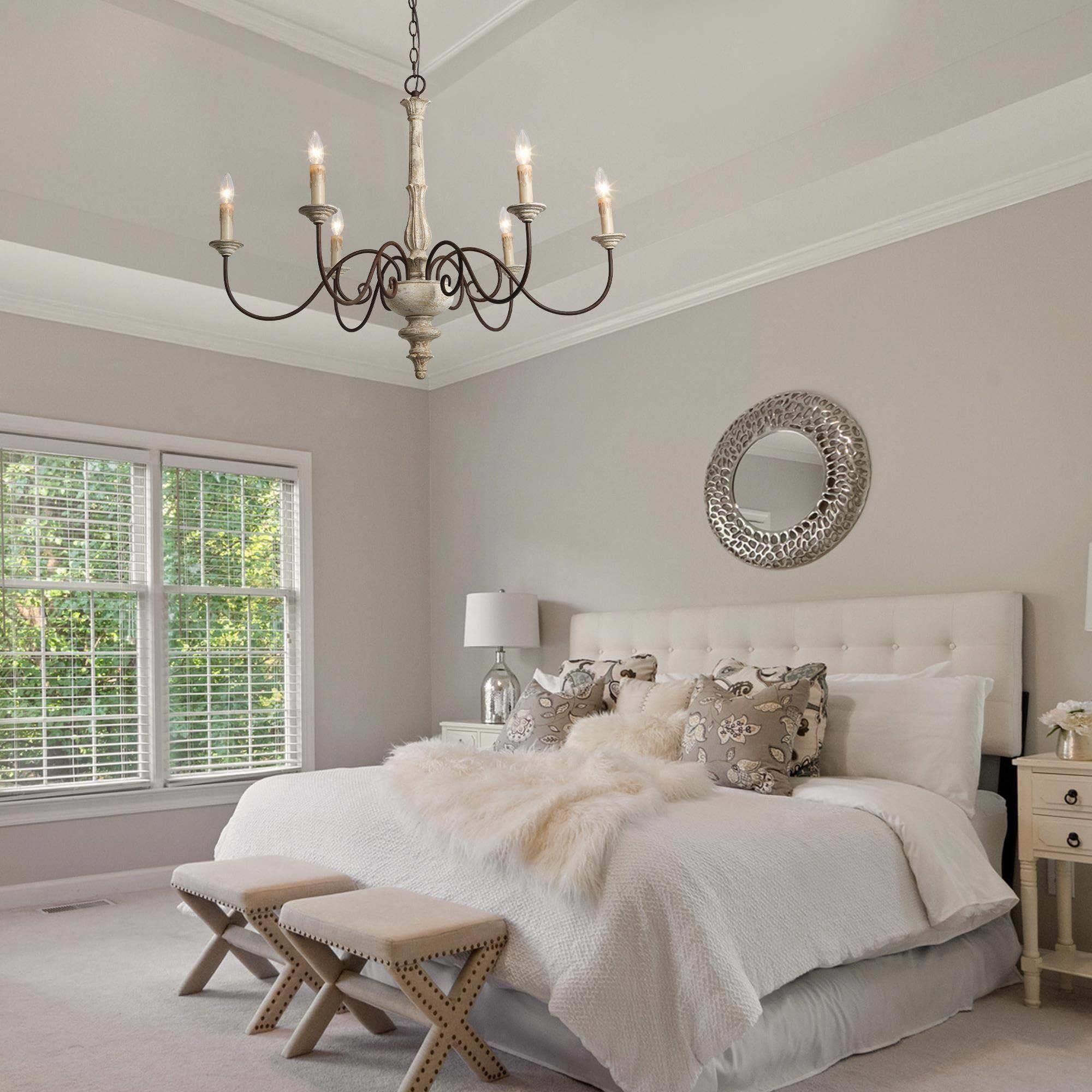 Gepow Farmhouse Chandelier, 6-Light Wood French Country Chandelier, Rustic Wooden Chandeliers Light Fixture For Dining Room, Liv