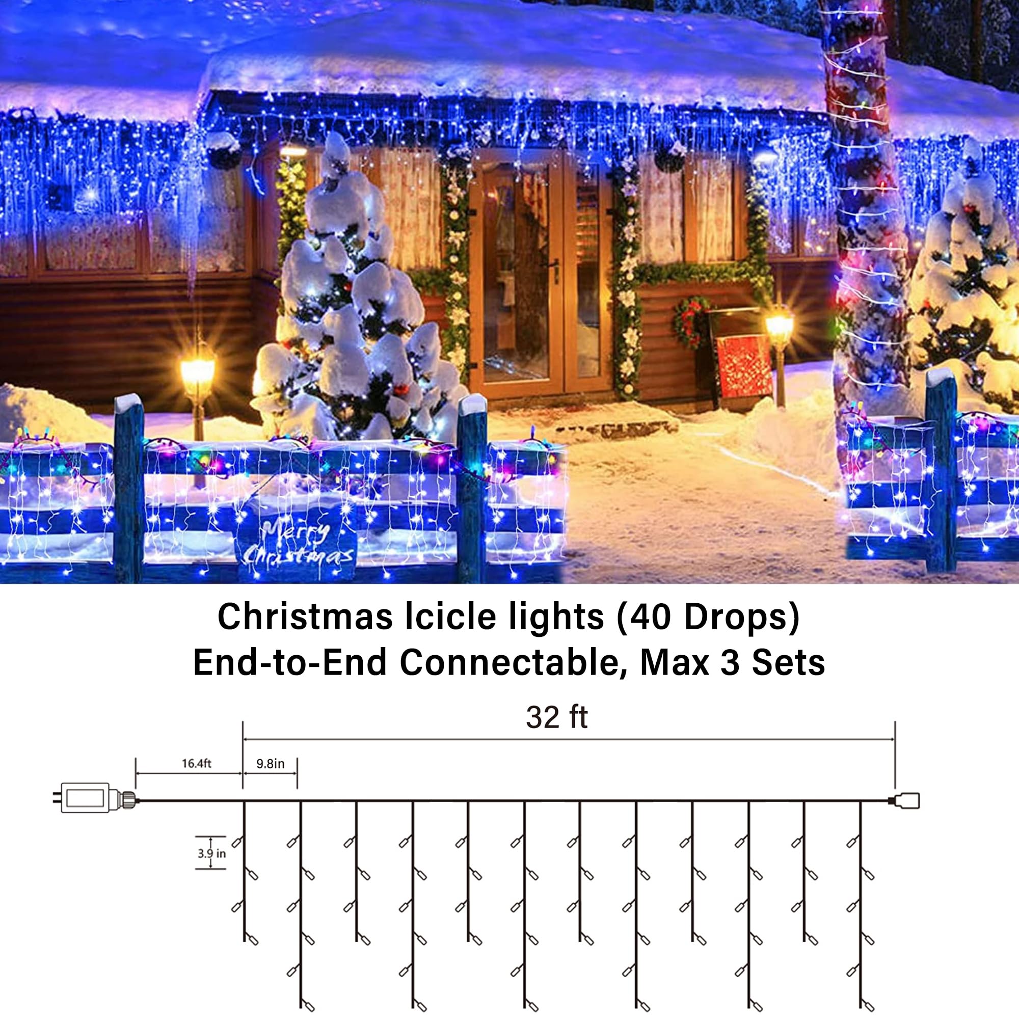 Joomer Christmas Icicle Lights, 32FT, Waterproof, 8 Modes, Blue, Model SSL0200-I-24V, Connectable for Outdoor Decorations