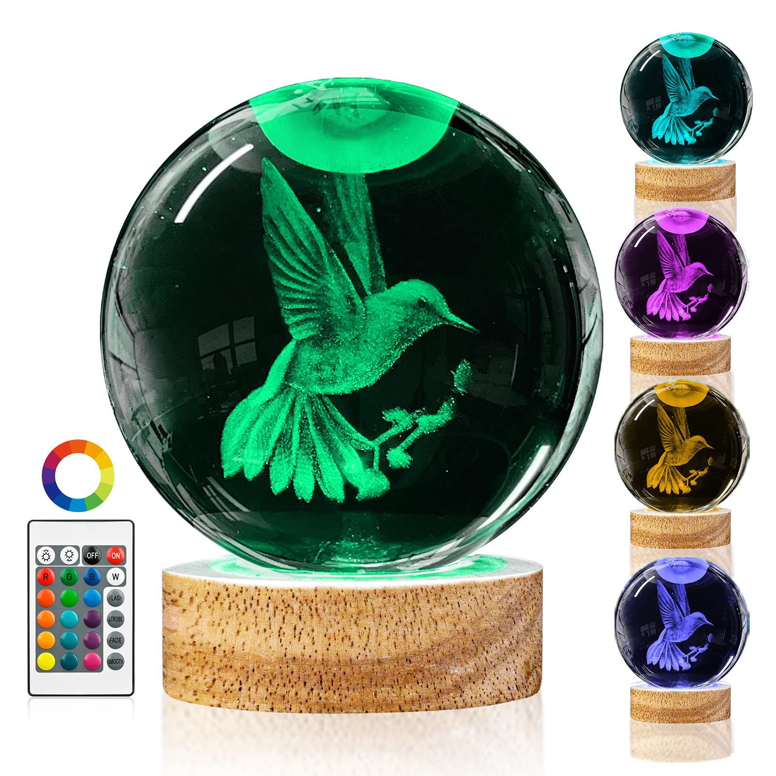 3D Hummingbird Crystal Ball Night Light With Remote Upgraded 3.15 In Hummingbird Figurine Glass Ball Lamp With 16 Color Wooden Led Base Cute Hummingbird Home Decor Gifts For Kids Teens Women