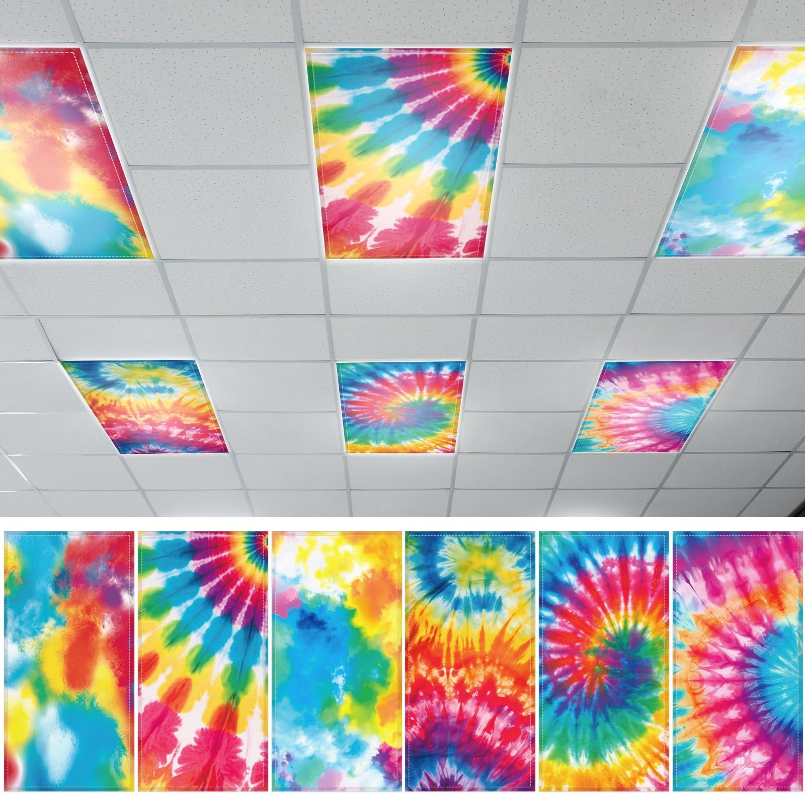 QOUBAI 6PCS Fluorescent Light Covers  4x2 Feet Magnetic Light Cover Fluorescent Lights Shade Panel Positive Inspirational Ceiling Lights Filters for Office Classroom Home Drop Ceiling Tie Dye