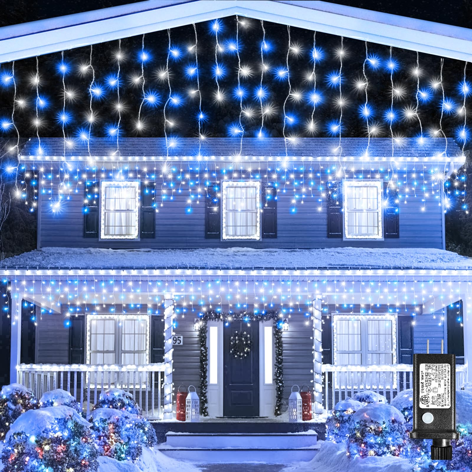 Xmasbokeh 33Ft 400 Led Christmas Lights Outdoor, Icicle Lights With 8 Modes 75 Drops, Waterproof Plug In Curtain String Lights For Indoor House Room Patio Party Wedding Decorations, Blue And White