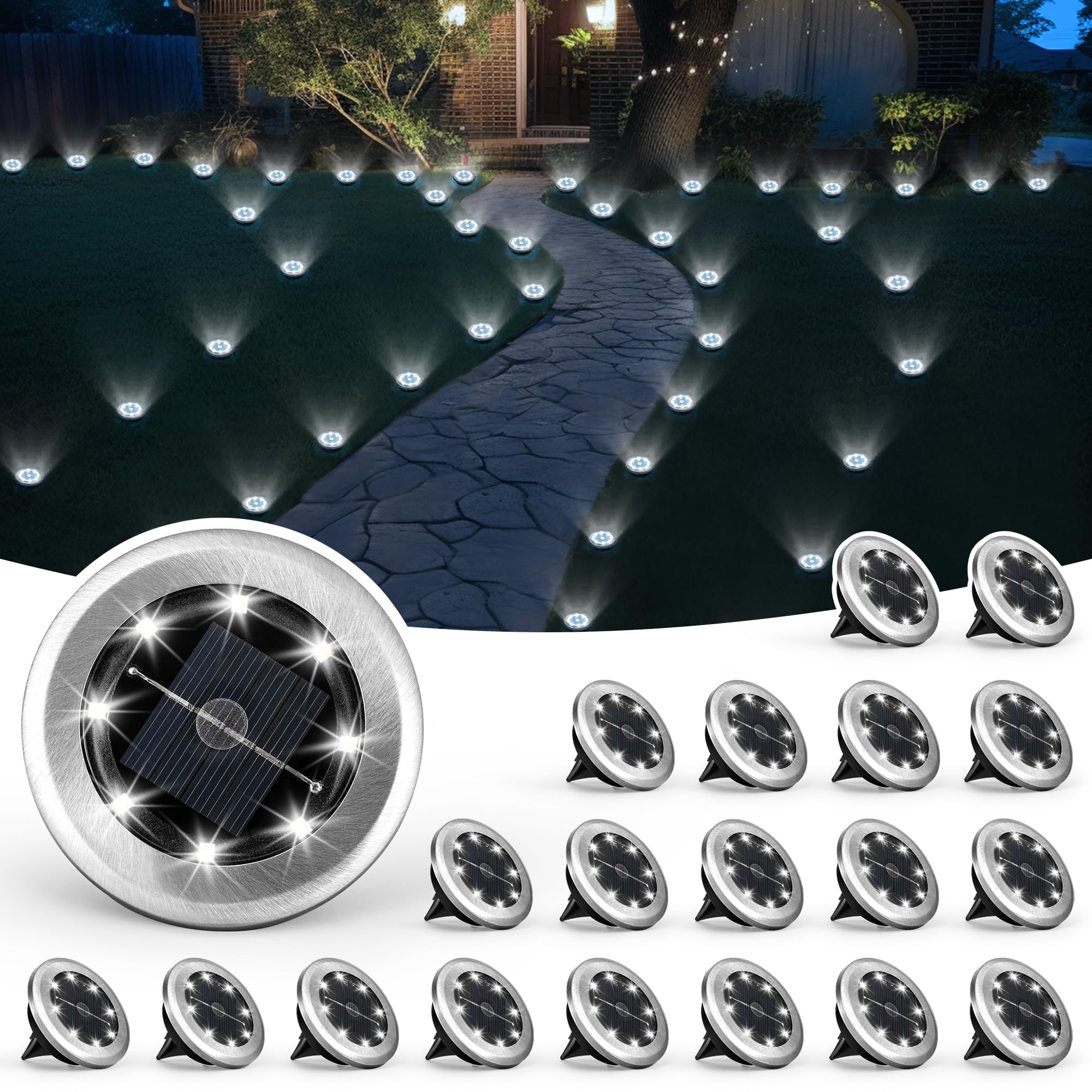 SOLPEX Mini Solar Ground Lights, 20 Pack, Stainless Steel, Warm White, Model 8958, Waterproof Pathway Lighting