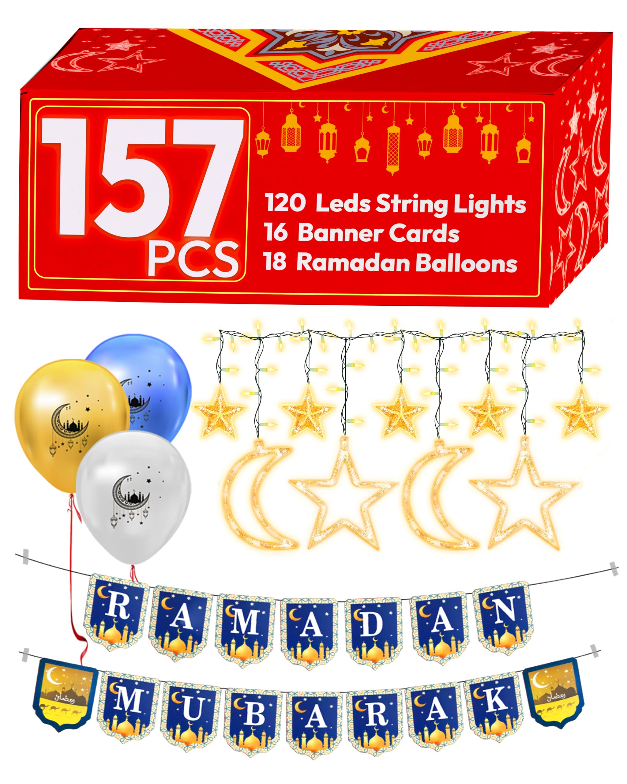 OLEEK Ramadan Decorations for Home 2025 Set (Ramadan Lights -2 Ramadan Banner -18 Ramadan Balloons - Ramadan Card) Ramadan Decor