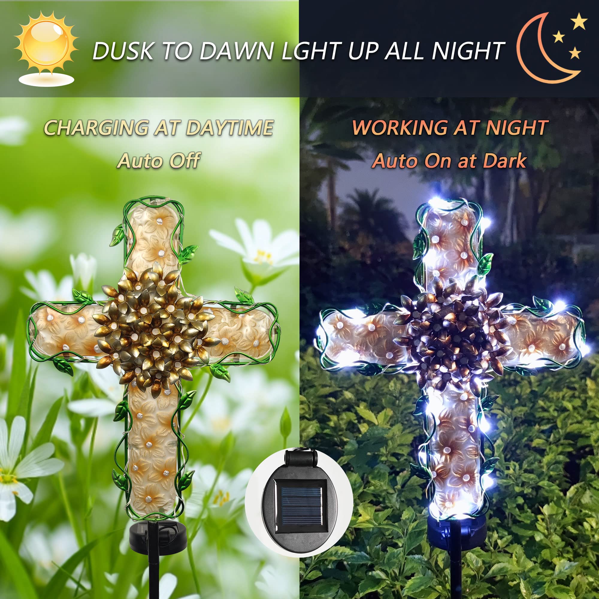 COOZZYHOUR Solar Cross Garden Lights - 38in Waterproof Metal & Glass, 20 White LEDs, Apricot Color, Model CZ-0029