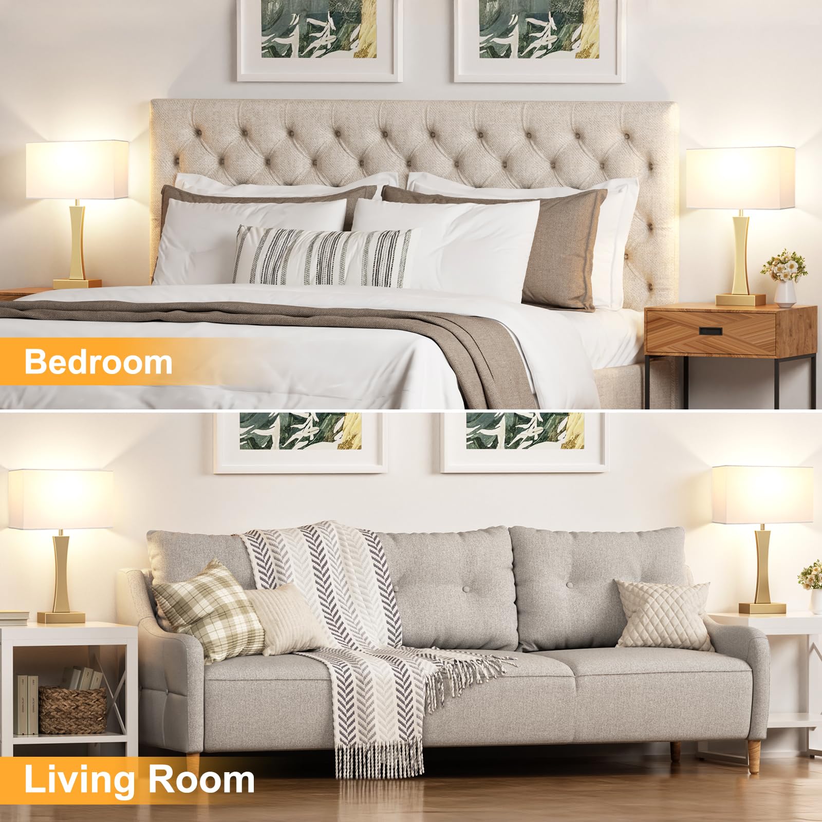 Seealle Bedside Lamps Set of 2 - 3 Way Dimmable Touch Table Lamps with USB C+A Ports, Metal, Gold & E. White
