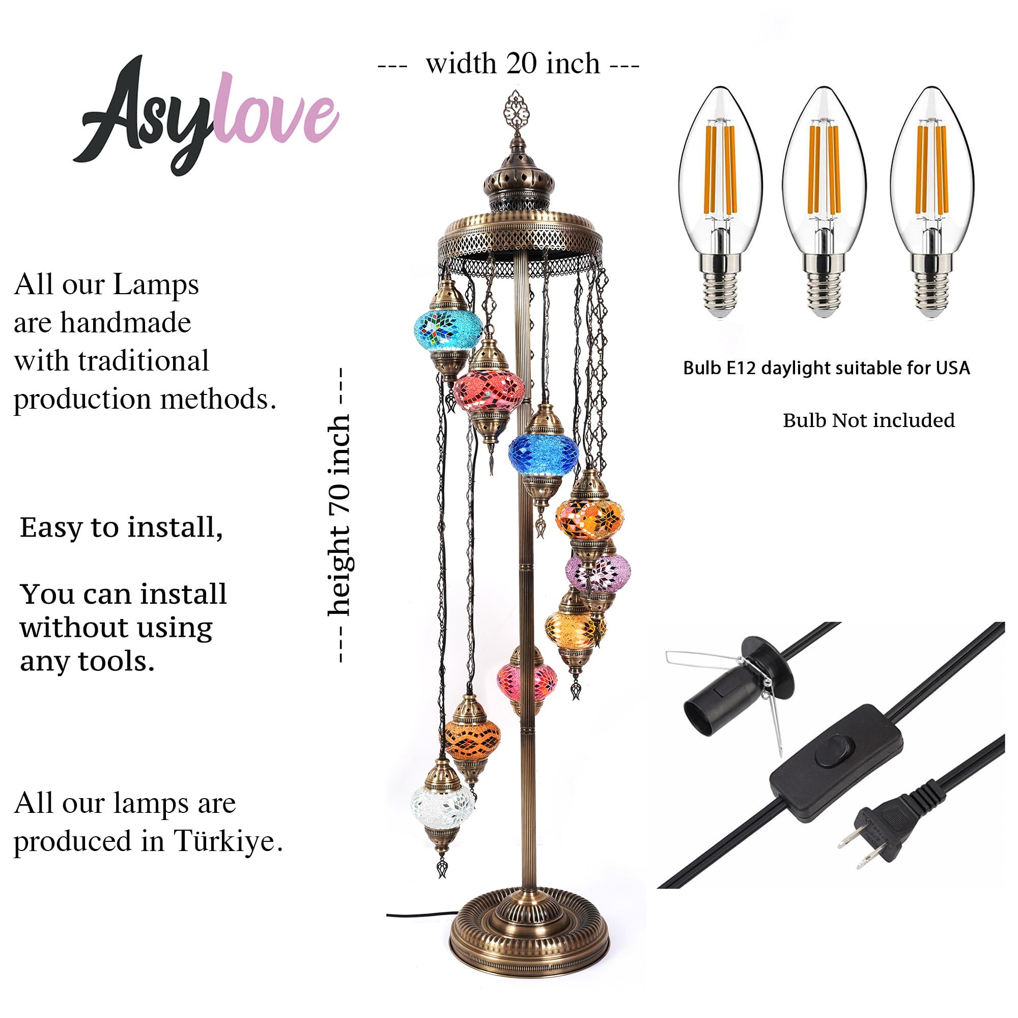 Asylove Turkish Lamp 9 Globe Mosaic Floor Lamp, Mosaic Standing Lamp 9 Globe Mosaic Moroccan Lamps Floor Lamp For Decorative Home Designs Offer 5 Inch Globe - Total Height 70 Inch (White)