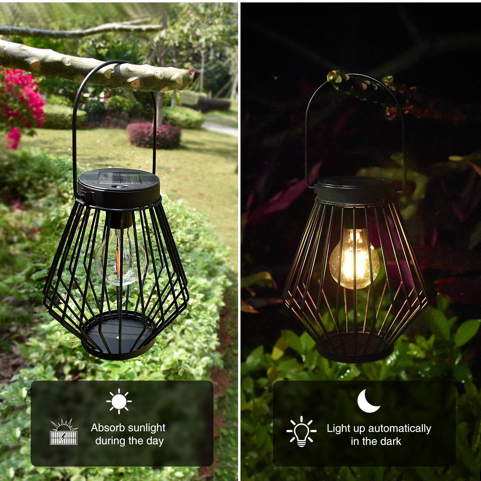 Kelvinlux Solar Lantern Outdoor Hanging, Solar Powered Metal Light With Handle, Waterproof Wireless Warm Retro Bulb Design Lamp For Yard Garden Patio Fence Porch Decor