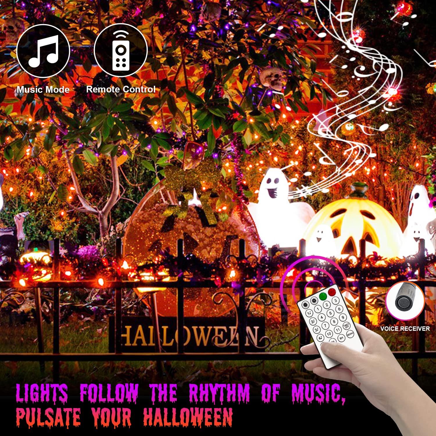 JMEXSUSS Halloween String Lights, 250 LED, Color Changing, Orange & Purple, 15 Modes, Waterproof, Remote Control, Model EXS-S-0250-R
