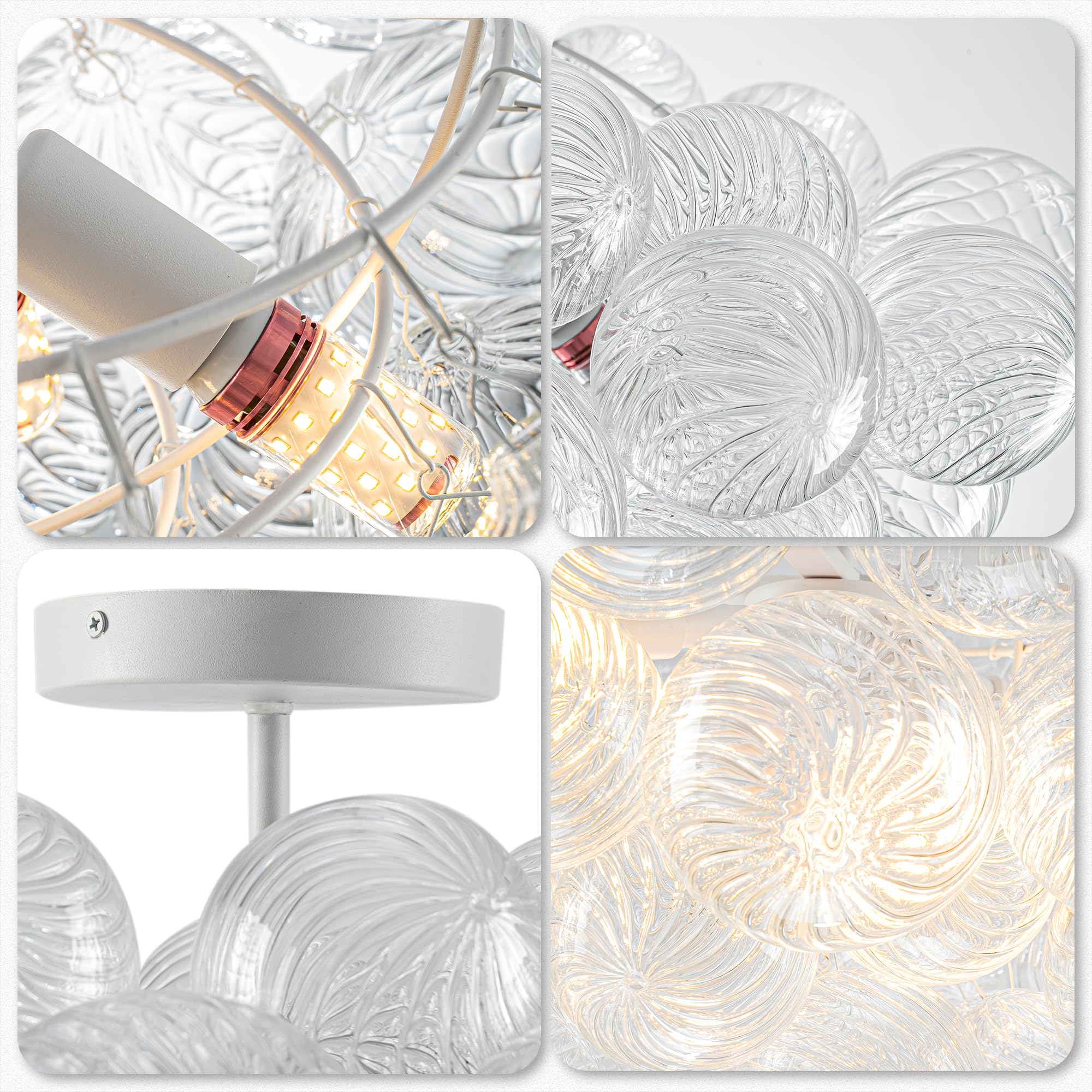 Beypan Bubble Glass Ball Chandelier White Finish 24'' Dia Semi-Flush Mount Ceiling Lights Clear Ribbed Blown Glass Globe Chandel