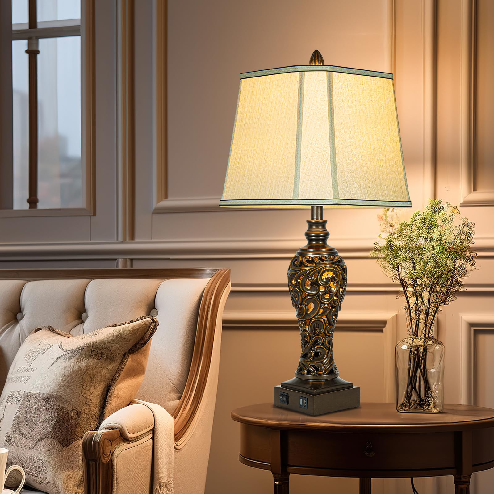 LuxSight Vintage Brown Table Lamps Set of 2 - 28.5" Bedside Lamps with Faux Silk Shades, USB & Nightlight - Model PL8019