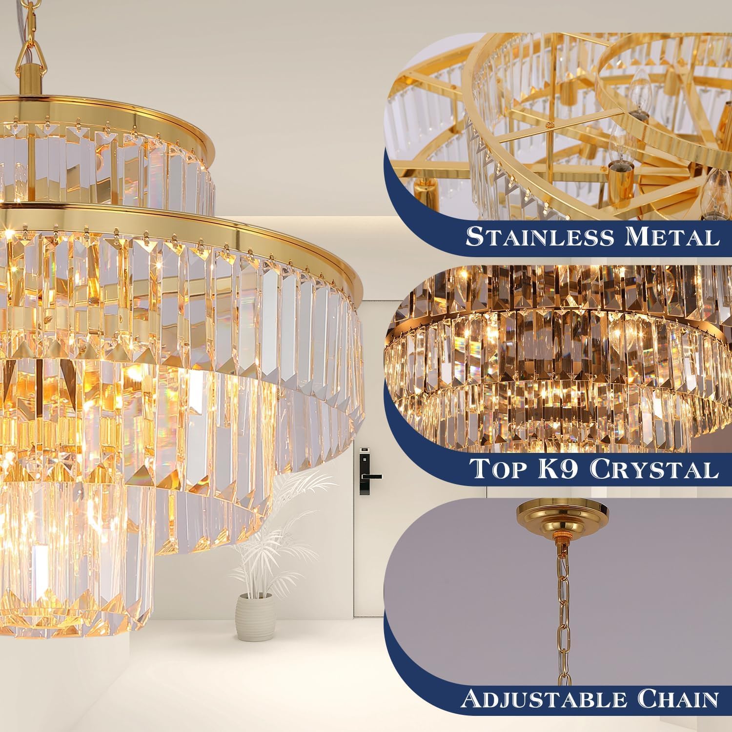 GMlixin Modern Crystal Chandelier Pendant Light, 4-Tier, 6-Lights, 20 Inch, Gold, Model GM2950-500-G-1 for Dining & Living Room
