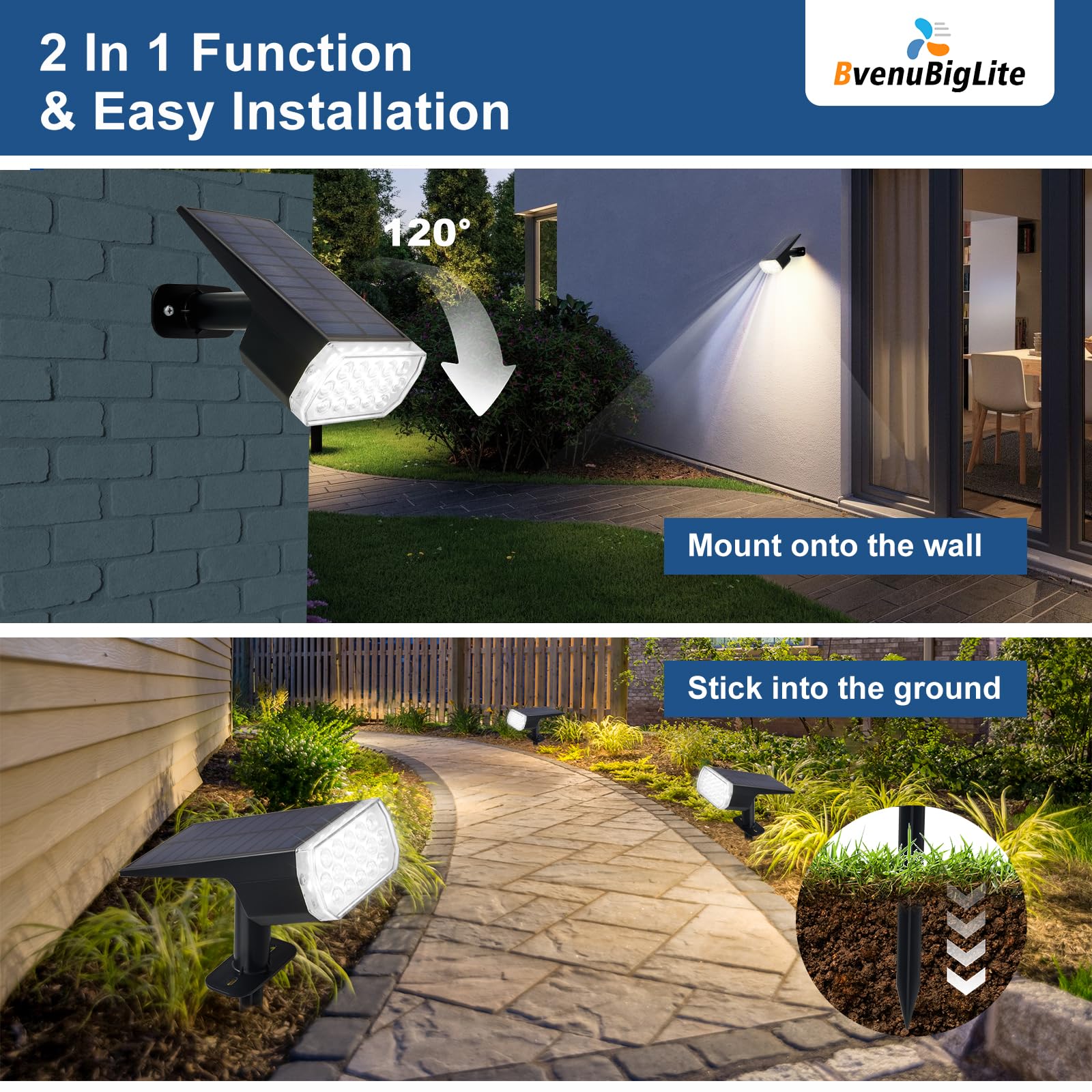 BvenuBigLite Solar Lights Outdoor, IP65 Waterproof LED Spot Lights, 4 Pack, Cool White, 3 Lighting Modes, Model WS-MPS22-4-WH.NA