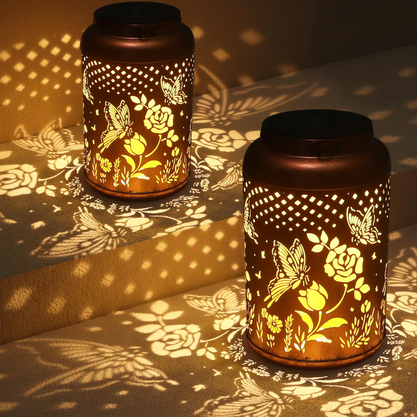 Tepaken Rose Butterfly Decoration Solar Lanterns Outdoor Waterproof Garden Decor Gifts For Women Mon Grandma Metal Hanging Solar Lights For Outside Led Lanterns For Yard, Patio