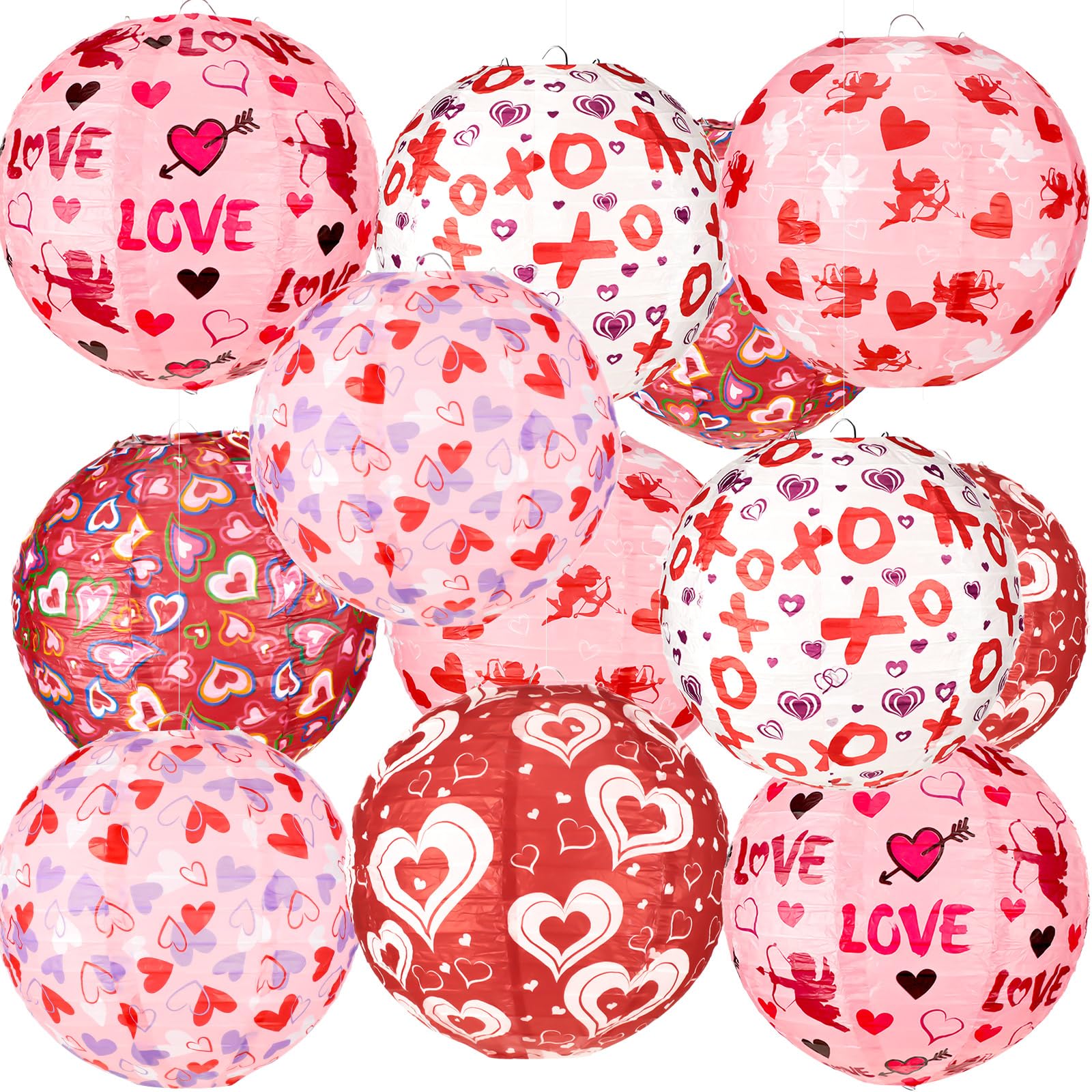 Panelee 12 Pcs Valentines Day Paper Lanterns Party Decorations Pink Heart Hanging Round Lanterns 8 Inch Hanging Paper Party Dec