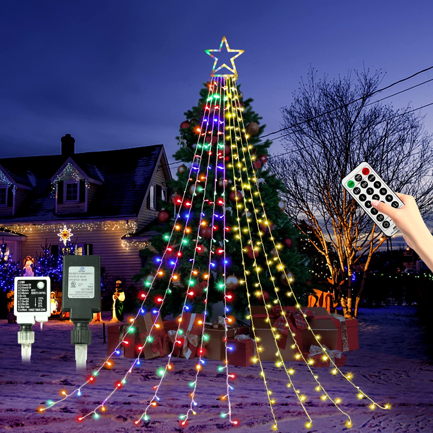 PUHONG Color Changing Christmas Lights,4 in1 Outdoor Star String Lights,16.4Ft 320 LED Christmas Decoration [11 Modes & Waterpro