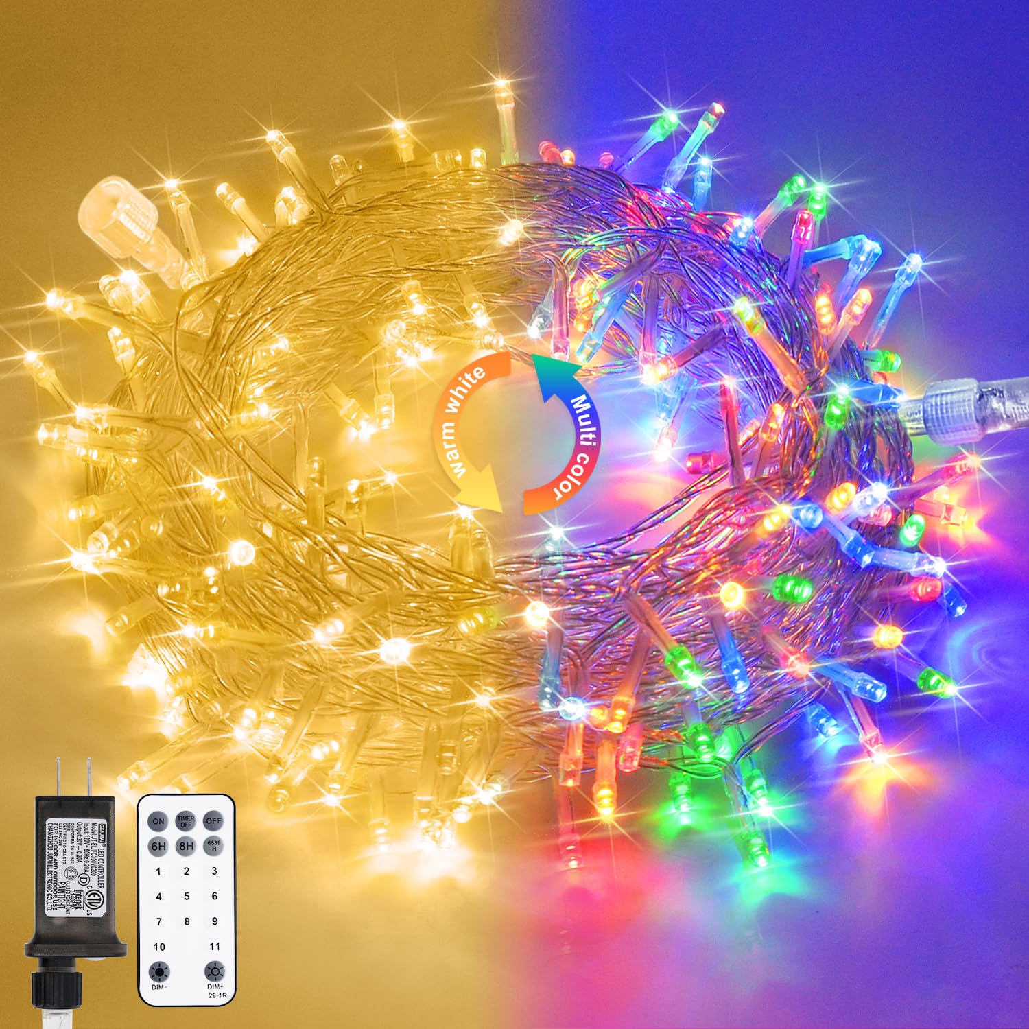 Jmexsuss 33Ft 100 Led Color Changing String Lights Plug In, 11 Modes Warm White & Multicolor Christmas Tree Lights Indoor With R
