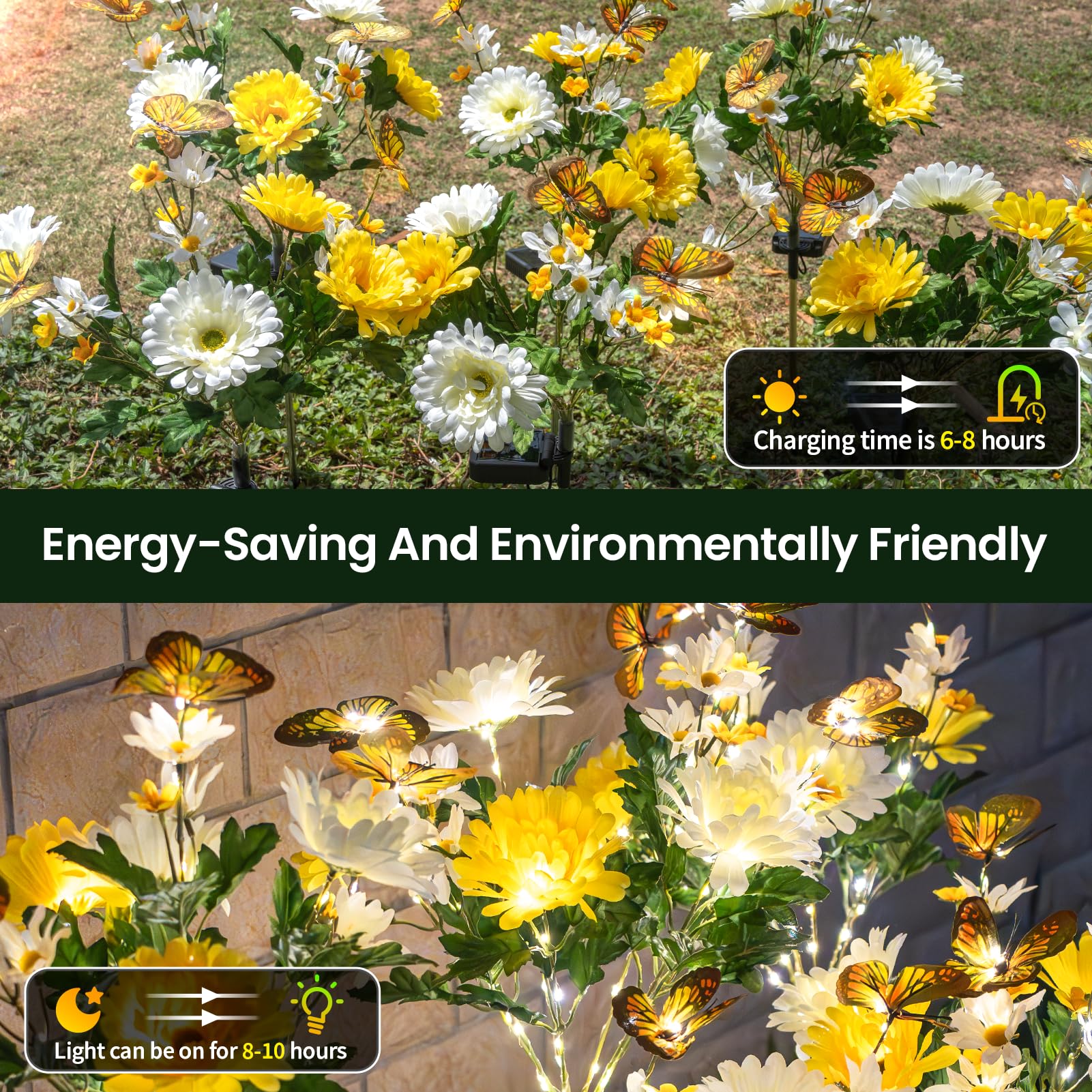 Topvelo Solar Garden Light 4 Packs  120 Leds Outdoor Solar Lighting With Daisy And Butterfly  Waterproof Outdoor Garden Light For Patio  Courtyard  Pathway Decoration (Yellow)