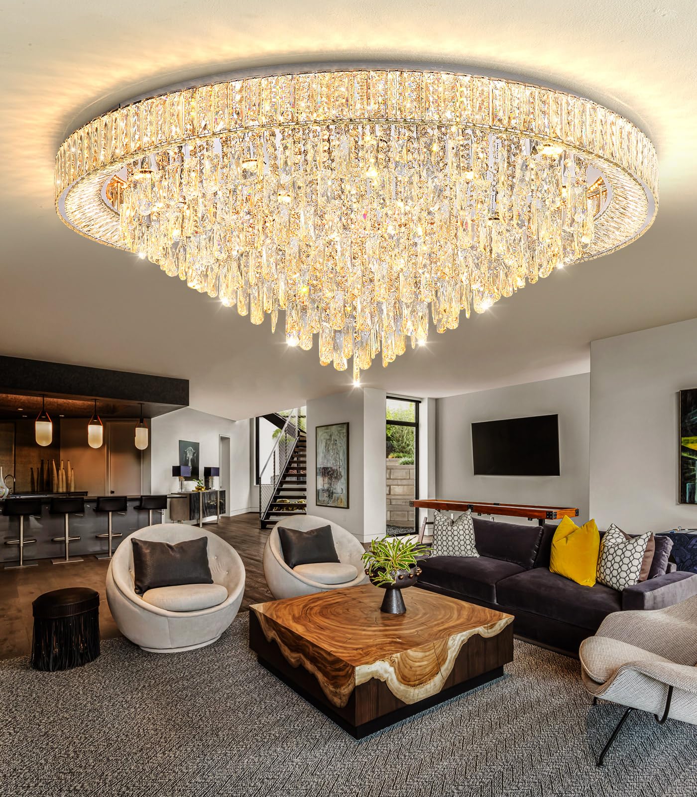 dolria 47'' Modern LED Dimmable Crystal Flush Mount Chandelier, Silver, Metal, Model PC1019-120S for Living Room, Foyer, Bedroom
