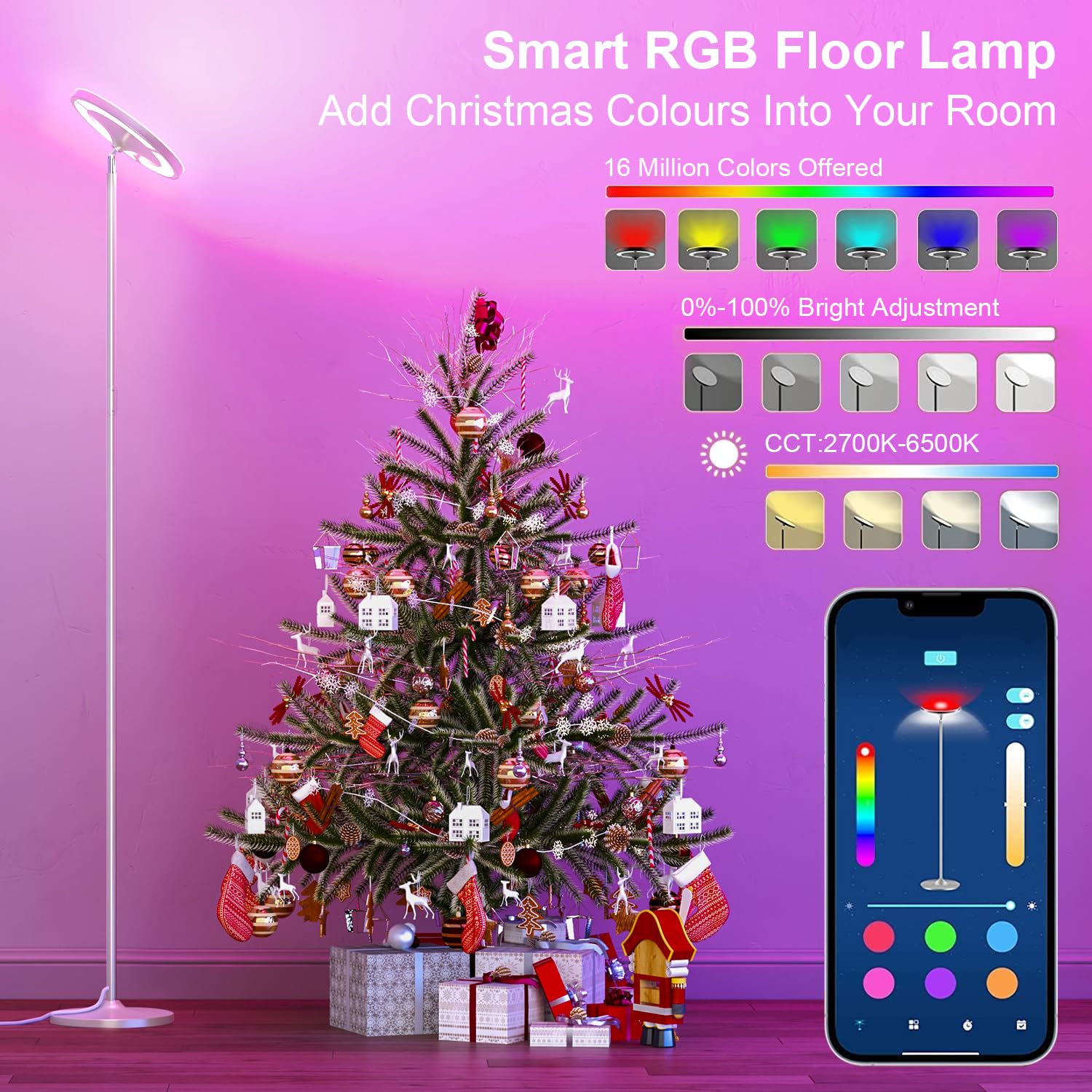 Keepsmile Silver Double Side Lighting Led Floor Lamp With Remote Smart App 36W 2600Lm Bright Tall Standing Rgb Floor Lamp Angle