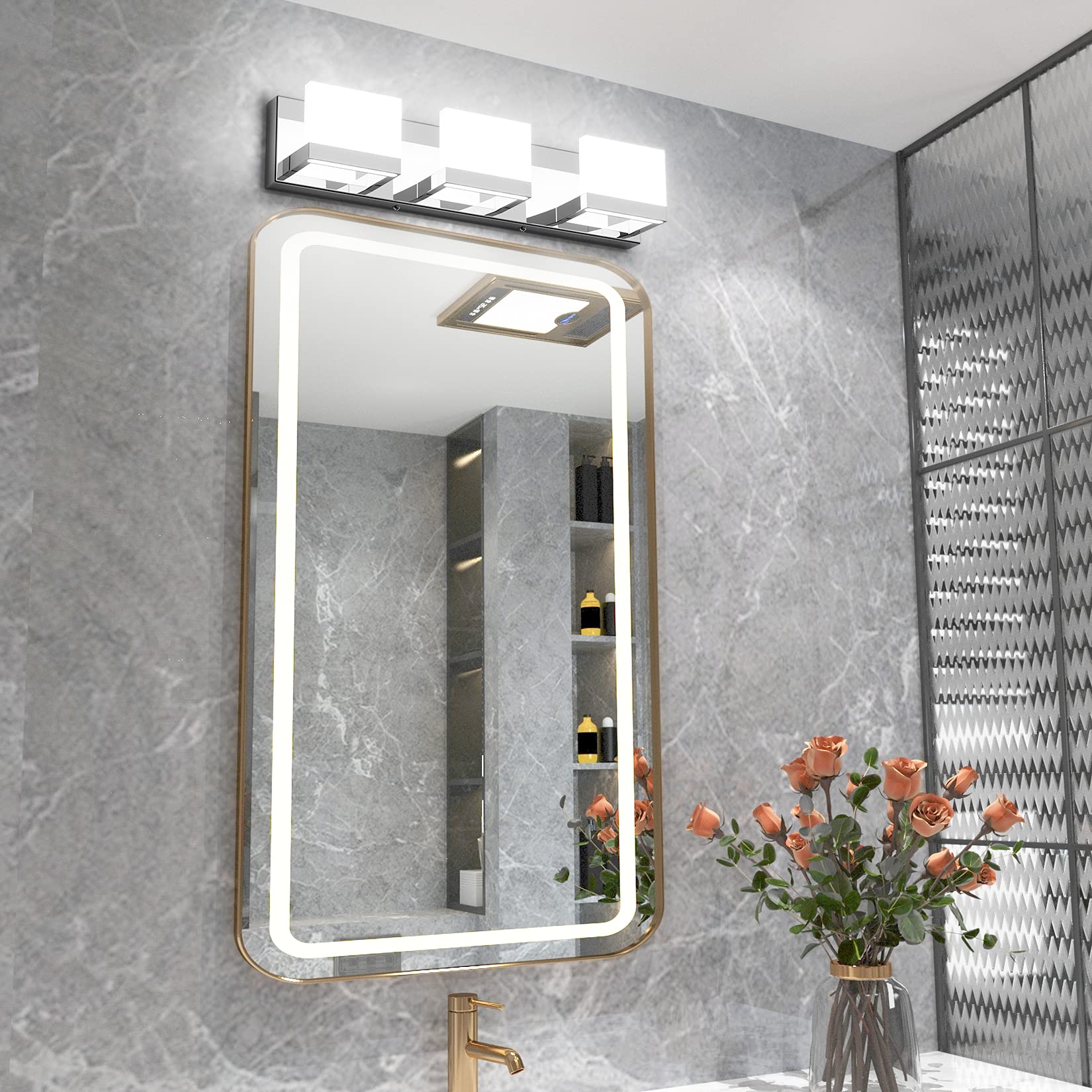 Tipace 3 Lights Dimmable LED Vanity Light Fixture, Chrome, Stainless Steel, Model 1103, 6000K White Light for Bathroom