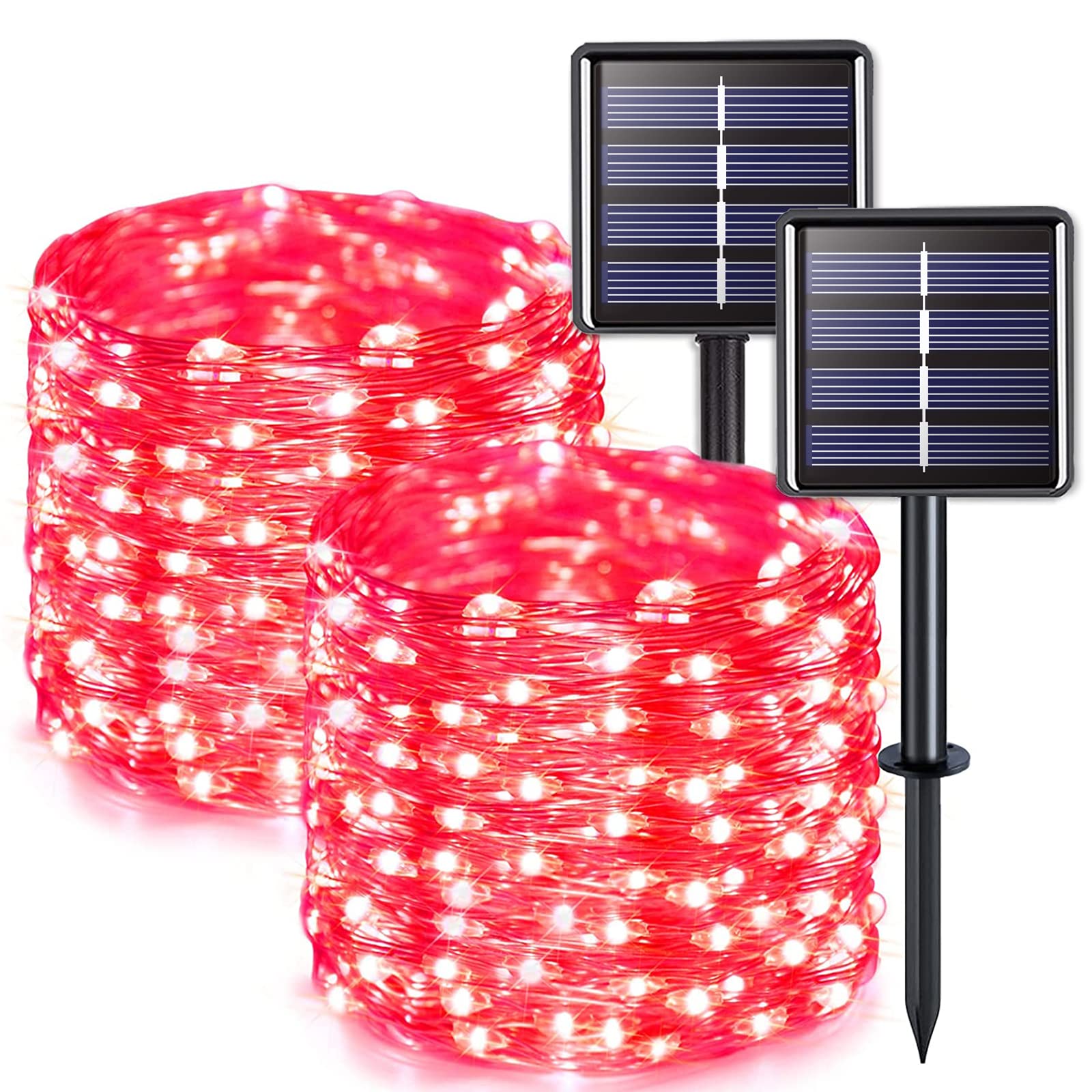 JMEXSUSS Solar Christmas Lights, 200 LED Red Fairy Lights, 66FT Waterproof Outdoor String Lights, 2 Pack