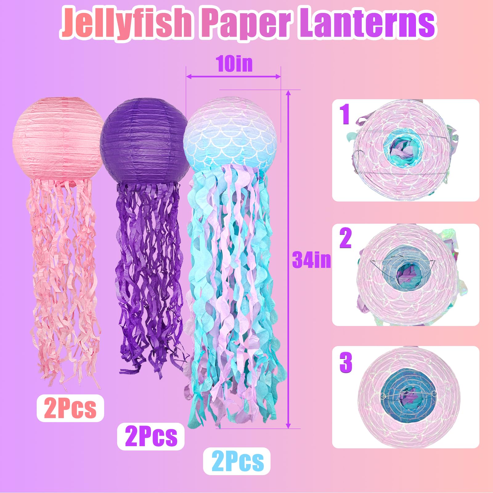 Hanging Jelly Fish Paper Lanterns Mermaid Theme Party Decorations, Pink Purple Blue Paper Lanterns For Ocean Theme Birthday Unde