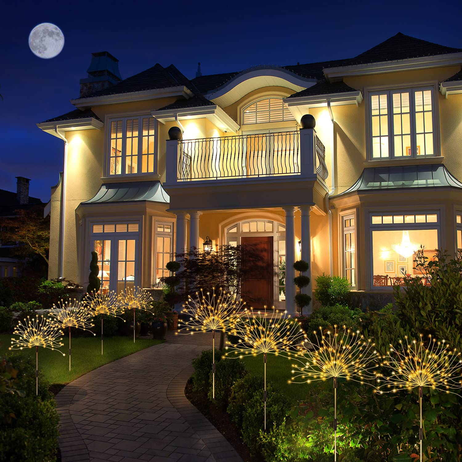 Solar Lights Outdoor, Warm White Garden Lights, 4 Pack Firework Lights With 120 Led Starburst String Lights 8 Modes Fairy Lights With Remote, Wedding Christmas, Lawn Backyard Party Patio Decoration