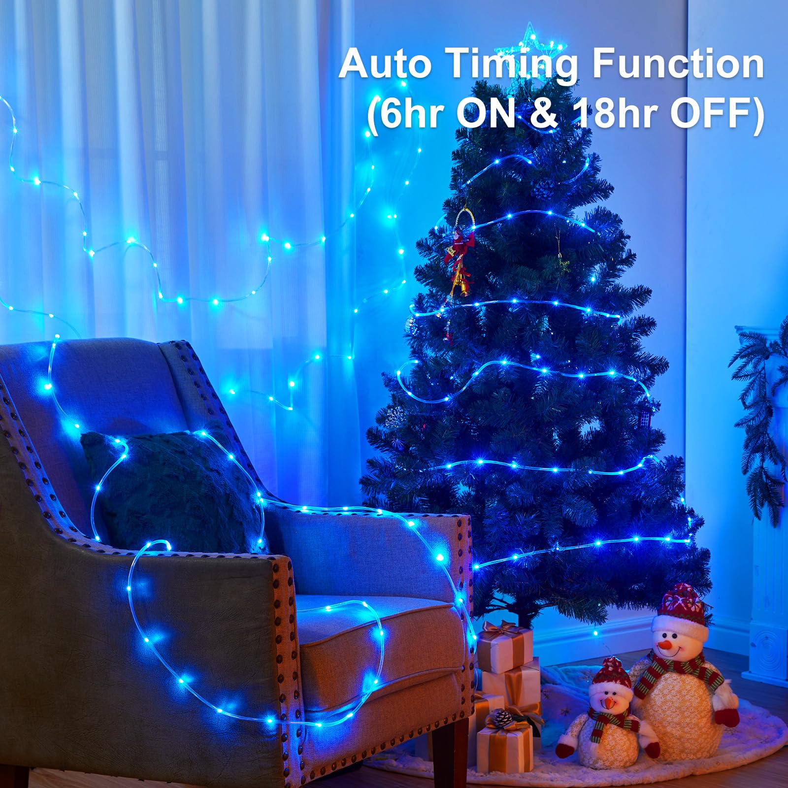 Minetom 2 Pack Battery Operated Christmas Lights Outdoor, Total 80Ft 200 Led Outdoor Rope Lights Battery Operated, Fairy Lights With Timer 8 Mode, String Lights For Outdoor Bedroom Indoor, Blue