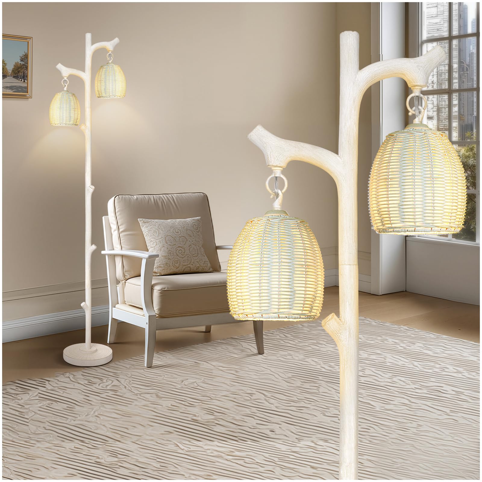 Scenekoy Rustic 68    Tall Floor Lamp With Rattan Shade, Retro Standing Lamp Tree Trunk Washed White Finish & Resin Body, Dimmab