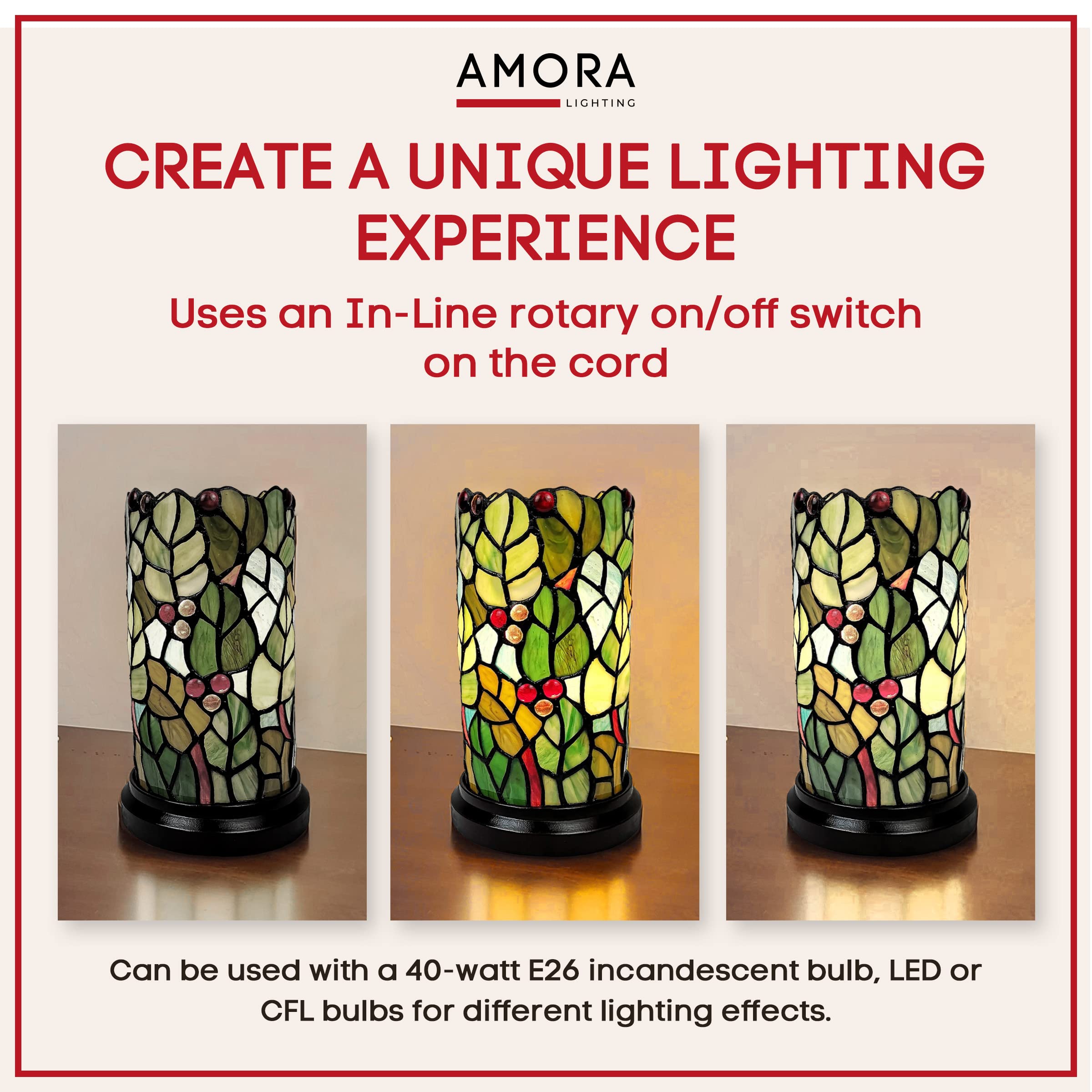 Amora Green Tiffany Accent Lamp - Floral Leaf Mosaic Table Lamp, 11” Decorative Desk Light