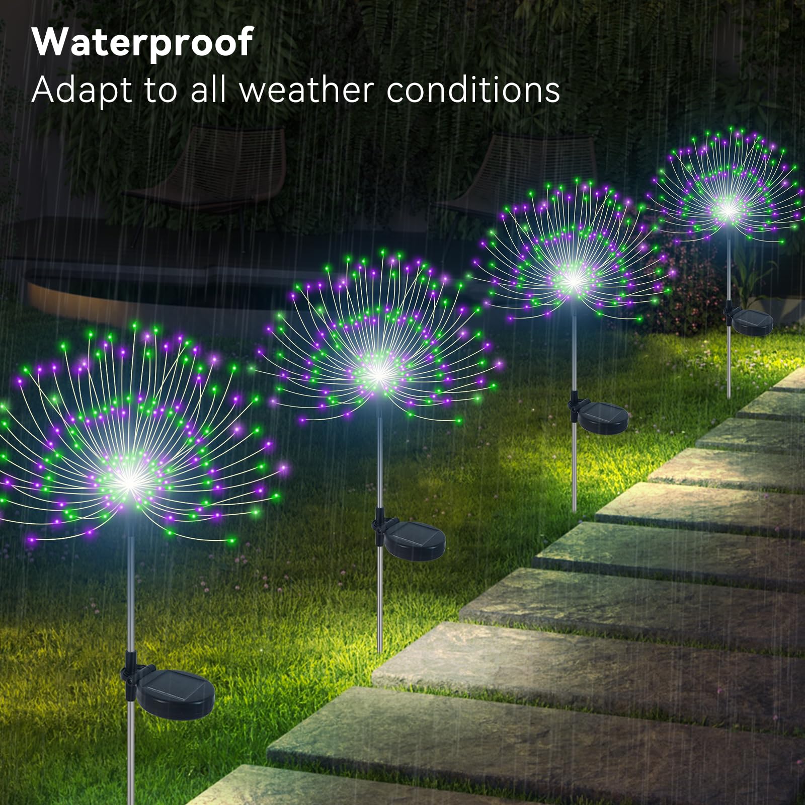 Slyuexu Solar Firework Lights, 120 LED, Waterproof, 2 Pack, Green + Purple, Model YF00016, Decorative Garden Décor