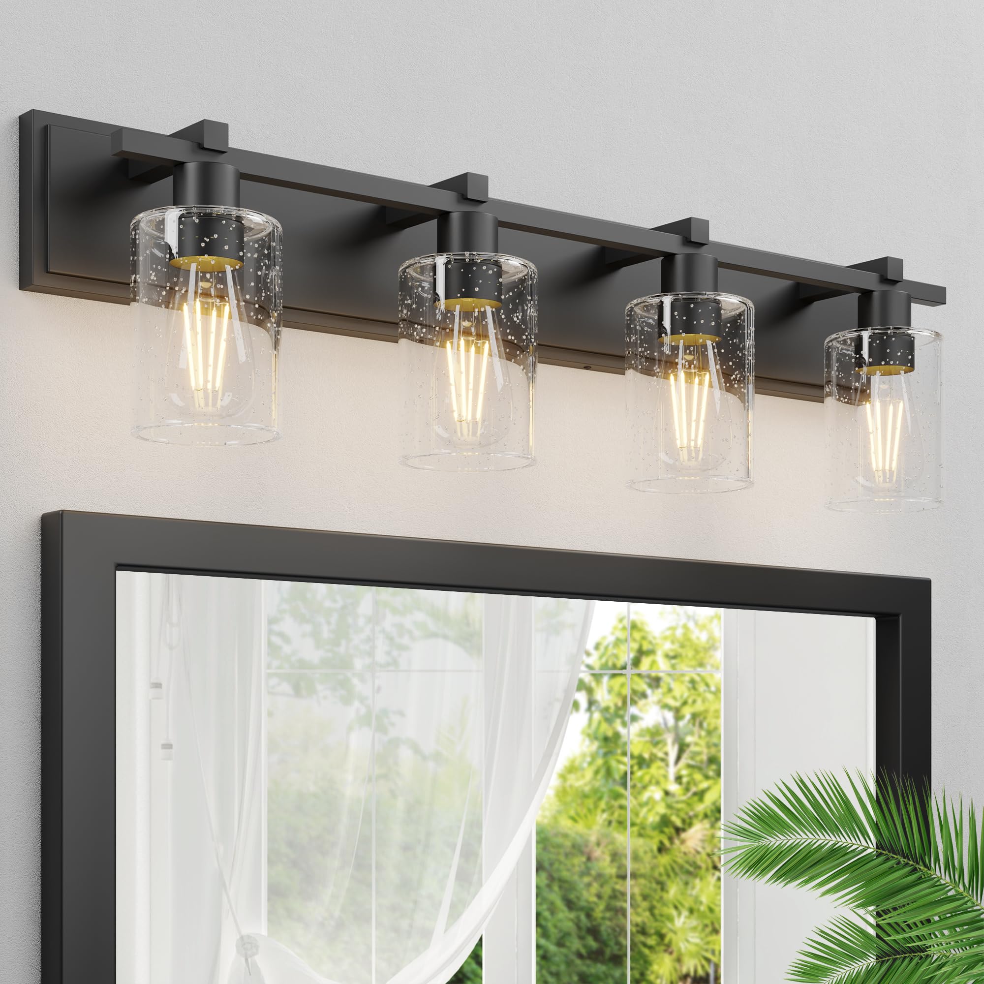 Espird Bathroom Vanity Light, 4 Light Matte Black Light Fixture With Thickened Seeded Glass Shade, 33 Inch Modern Wall Sconce,Va