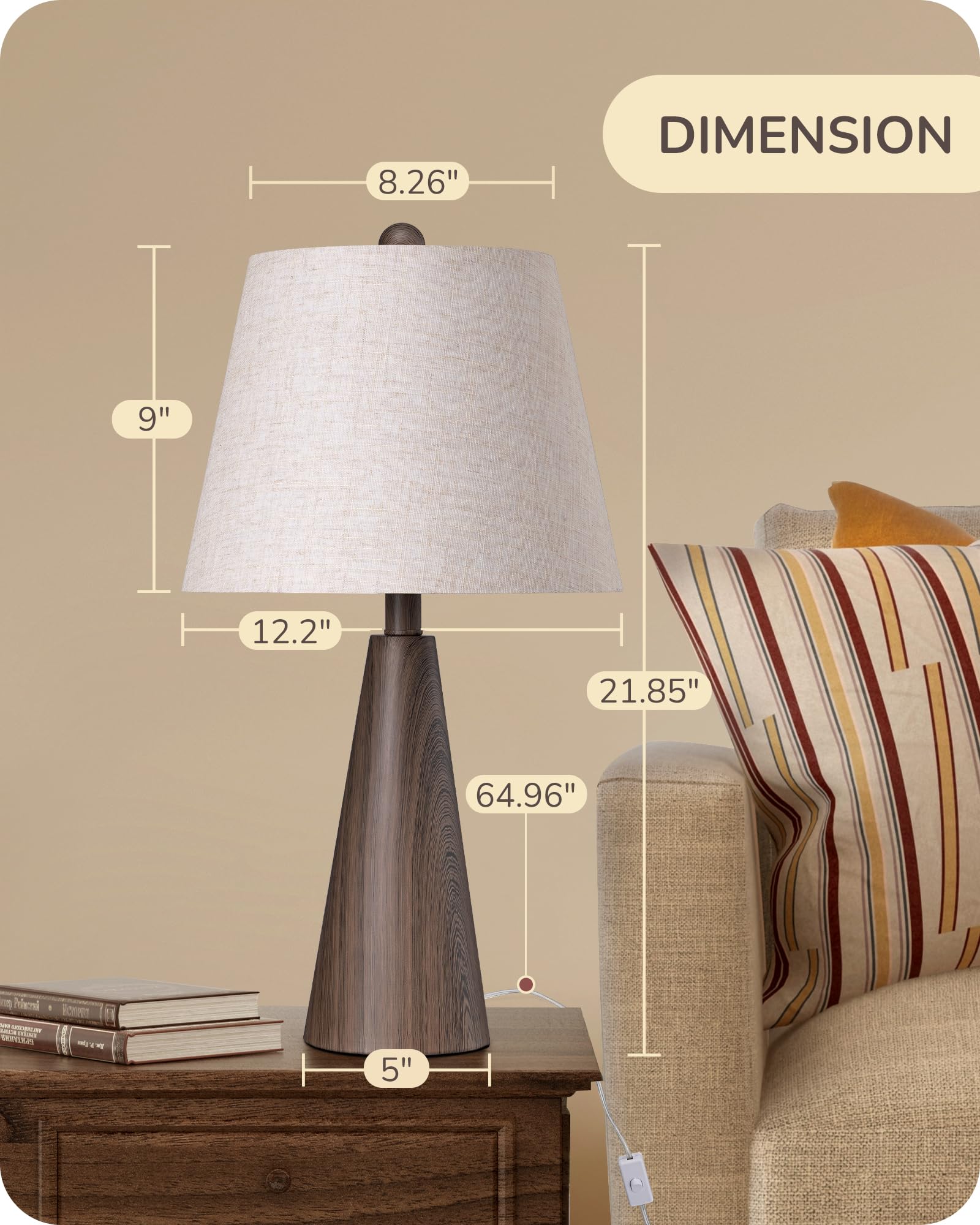 EDISHINE 21.85 Farmhouse Table Lamp, Rustic Bedside Lamp, Water Transfer Walnut Wood Grain Metal Base, Beige Linen Shade, Minima