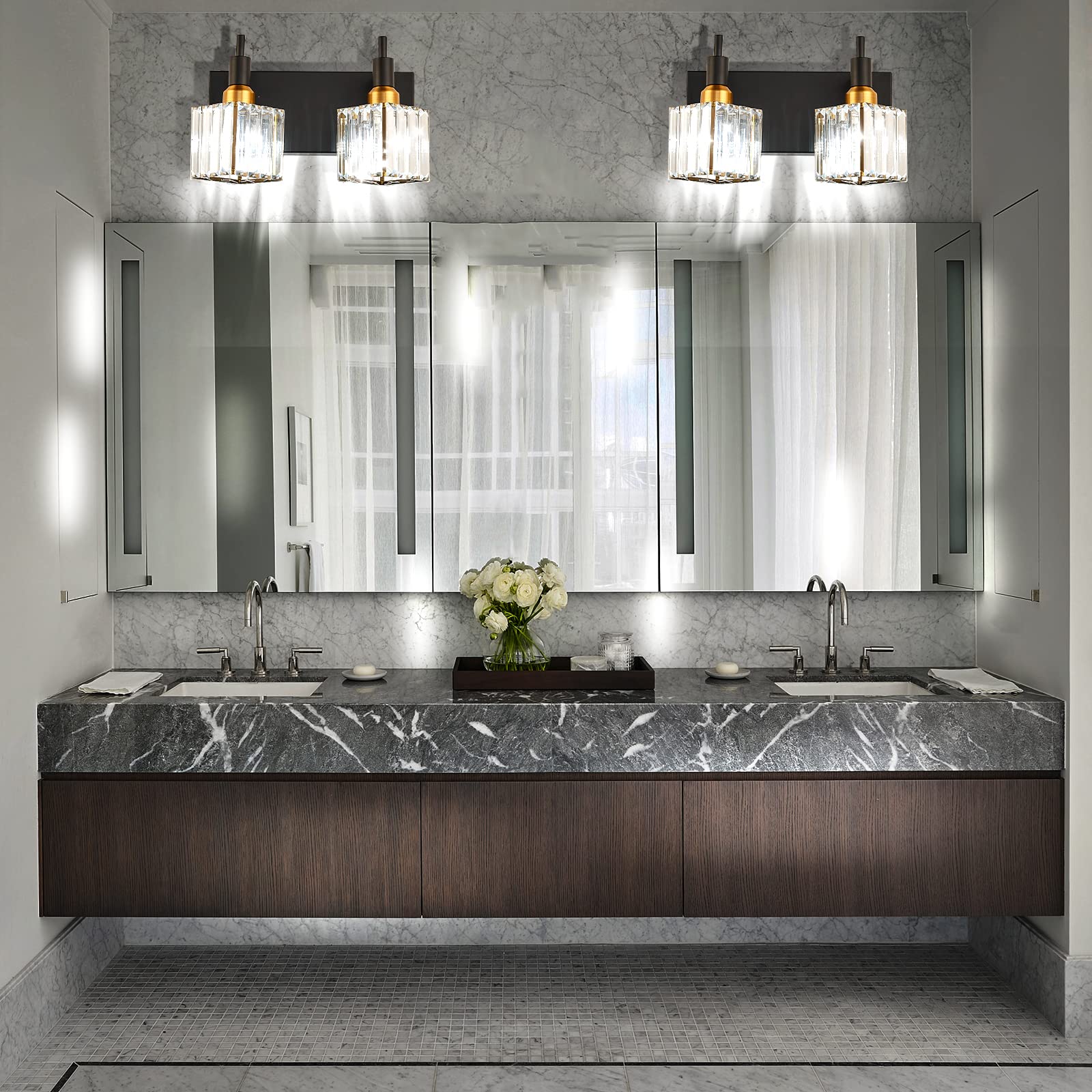 Huoku Modern Crystal Bathroom Vanity Light 2-Lights Black And Gold Bathroom Light Fixtures Over Mirror Bath Wall Sconce Lighting
