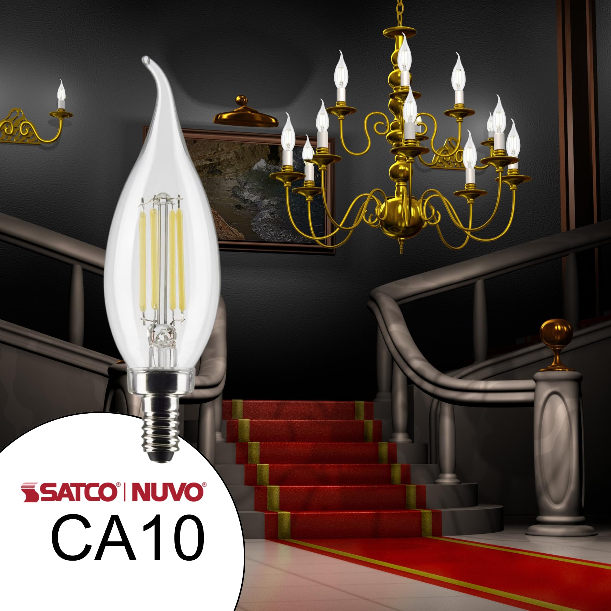 Satco 5.5Ca10/Led/930/Cl/120V/E12 - Part Number S21305-5.5 Watt Led Candelabra Bulb With Clear Finish, 90 Cri, 3000K Soft White,