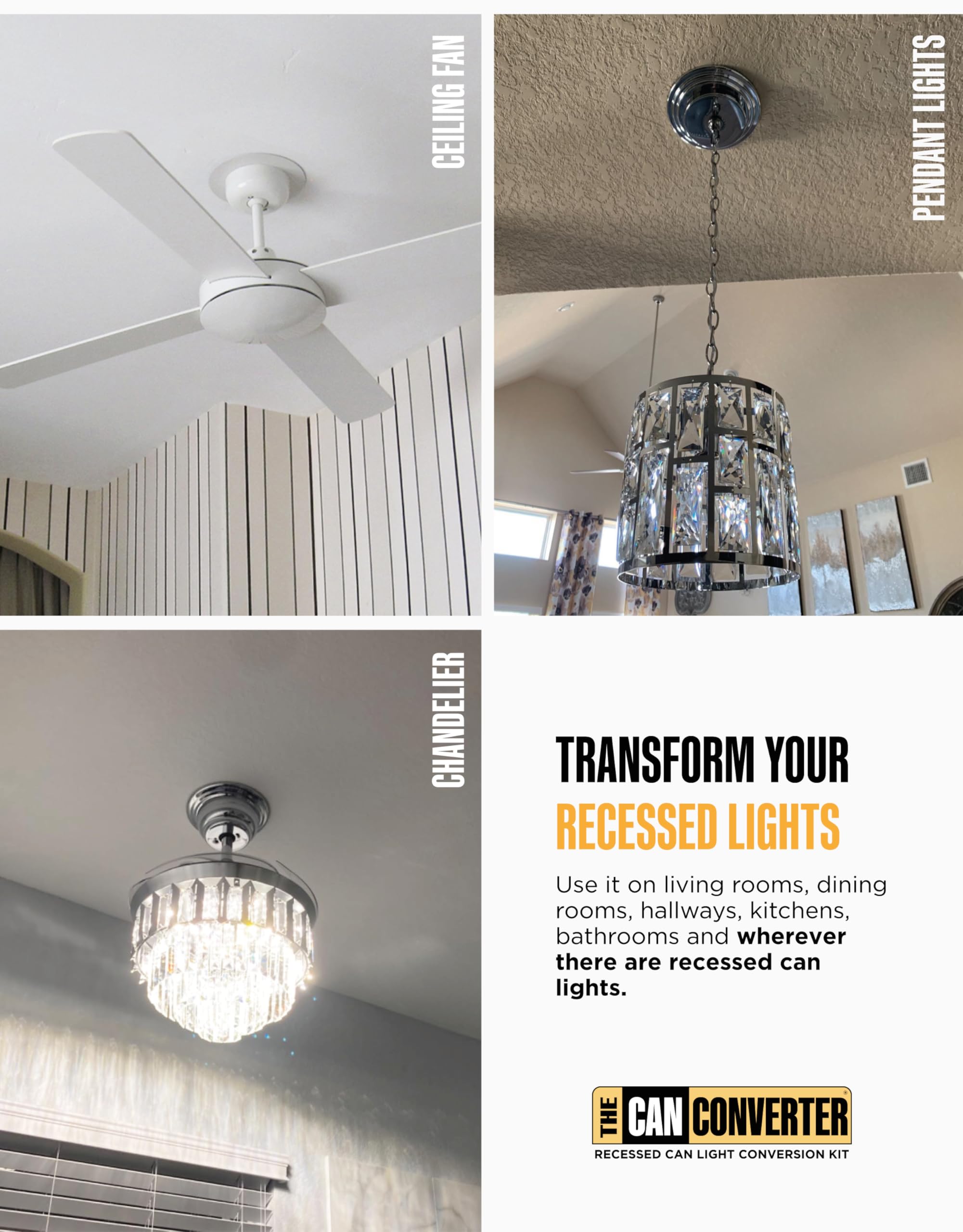 The Can Converter - R56, Complete Recessed Can Light Conversion Kit, For Ceiling Light Fixture, Pendant Light, Hanging Light, Ceiling Fan, With 7’¾ Beveled & Flat, Steel, Ceiling Medallion, White