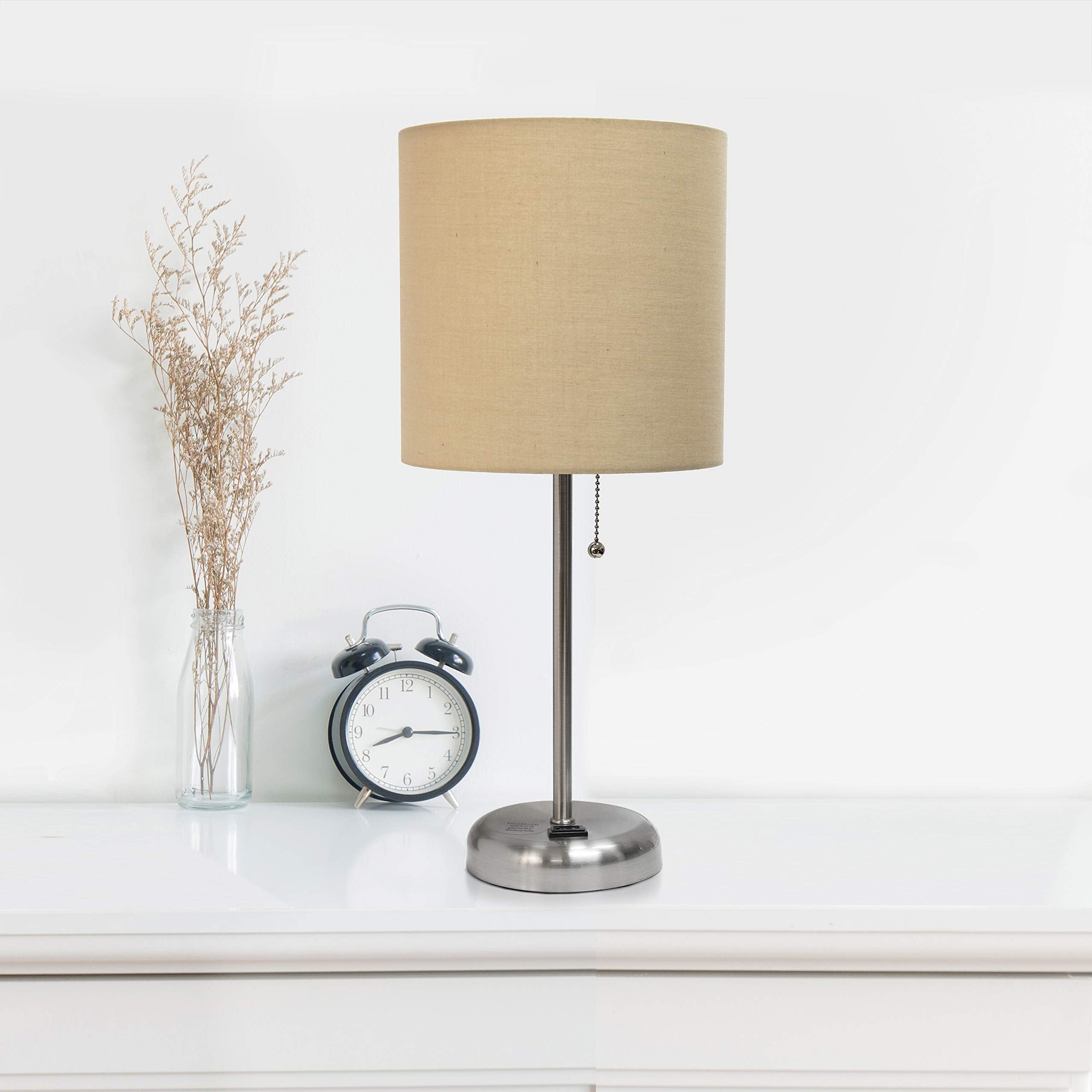 Simple Designs Lc2001-Tan-2Pk Brushed Steel Stick Table Lamp Set With Charging Outlet And Tan Fabric Shades, 2 Pack Set