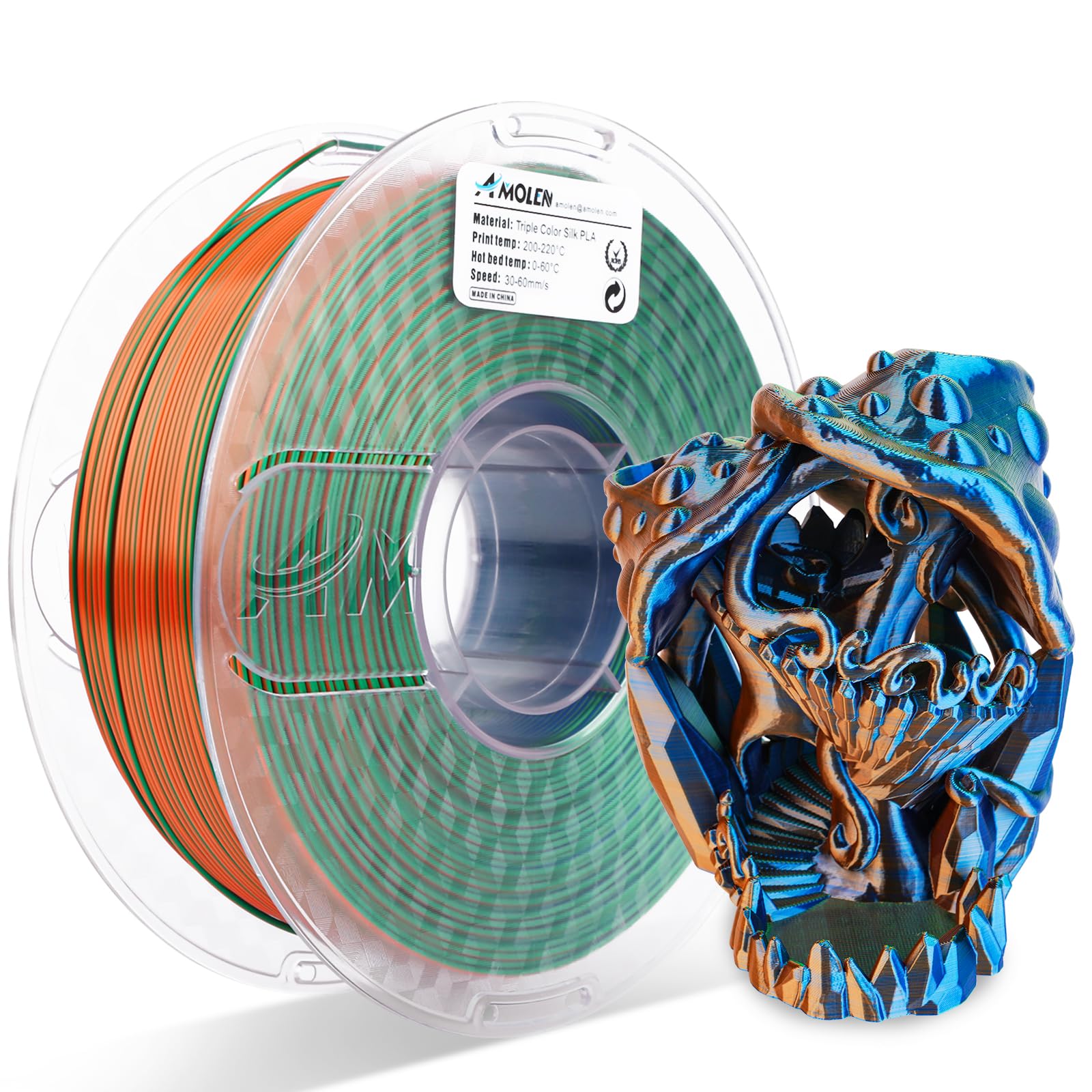 PLA Silk Triple Color 1.75mm, 1KG/2.2LB