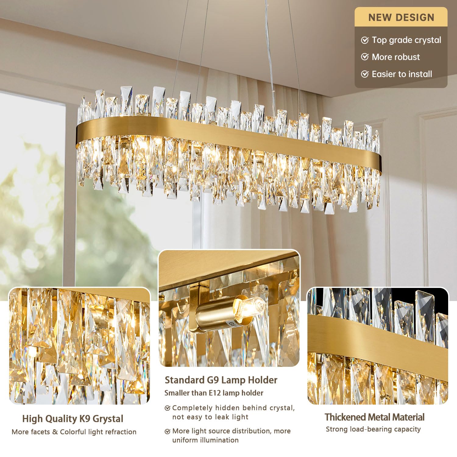 TMAFON Modern Chandelier, Rectangle K9 Crystal, 35.4in Hanging Light Fixture, Gold, Model TMAZ-8047-L900GD