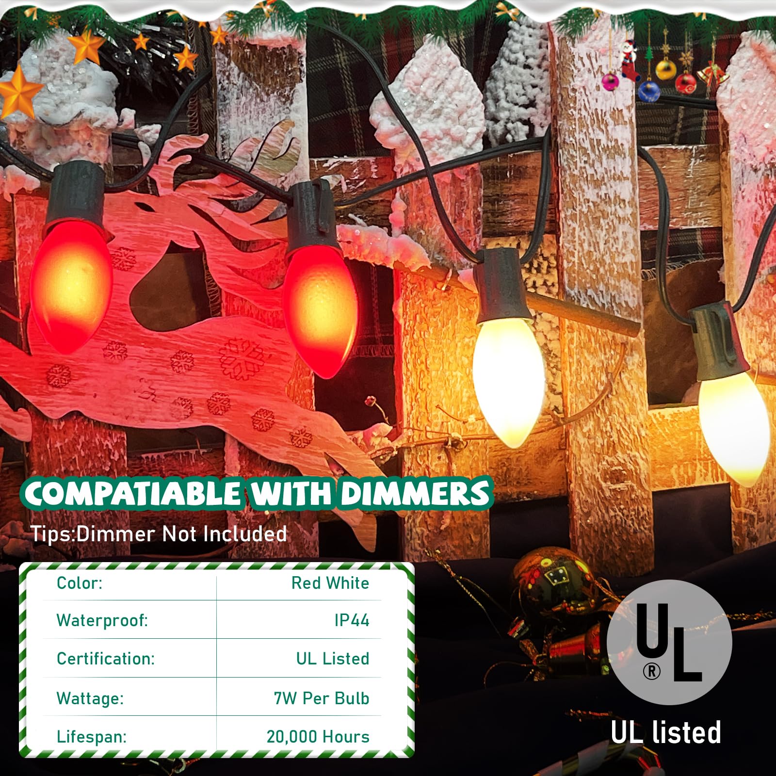 C9 Red And White Christmas Lights Outdoor, 25Ft Vintage Christmas String Lights Waterproof With 26 C9 Ceramic Large Bulb Christm