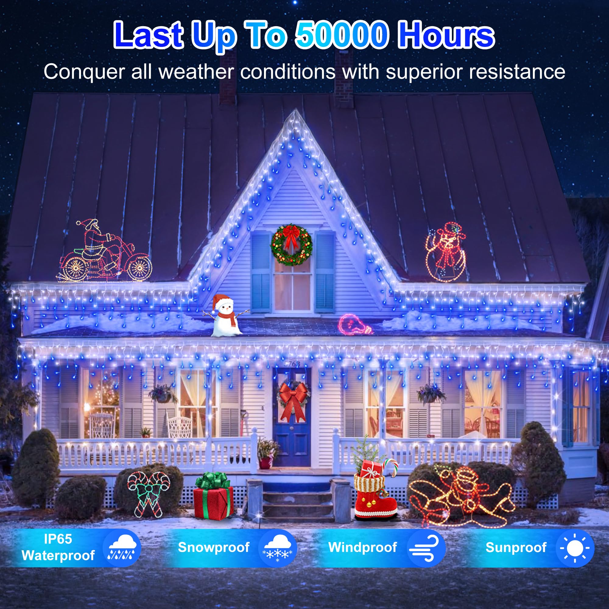 QUHUATU 164ft Christmas String Lights, 1620LED, 360 Drops, 12 Modes, Waterproof, Blue & Cool White, Dimmable with Timer