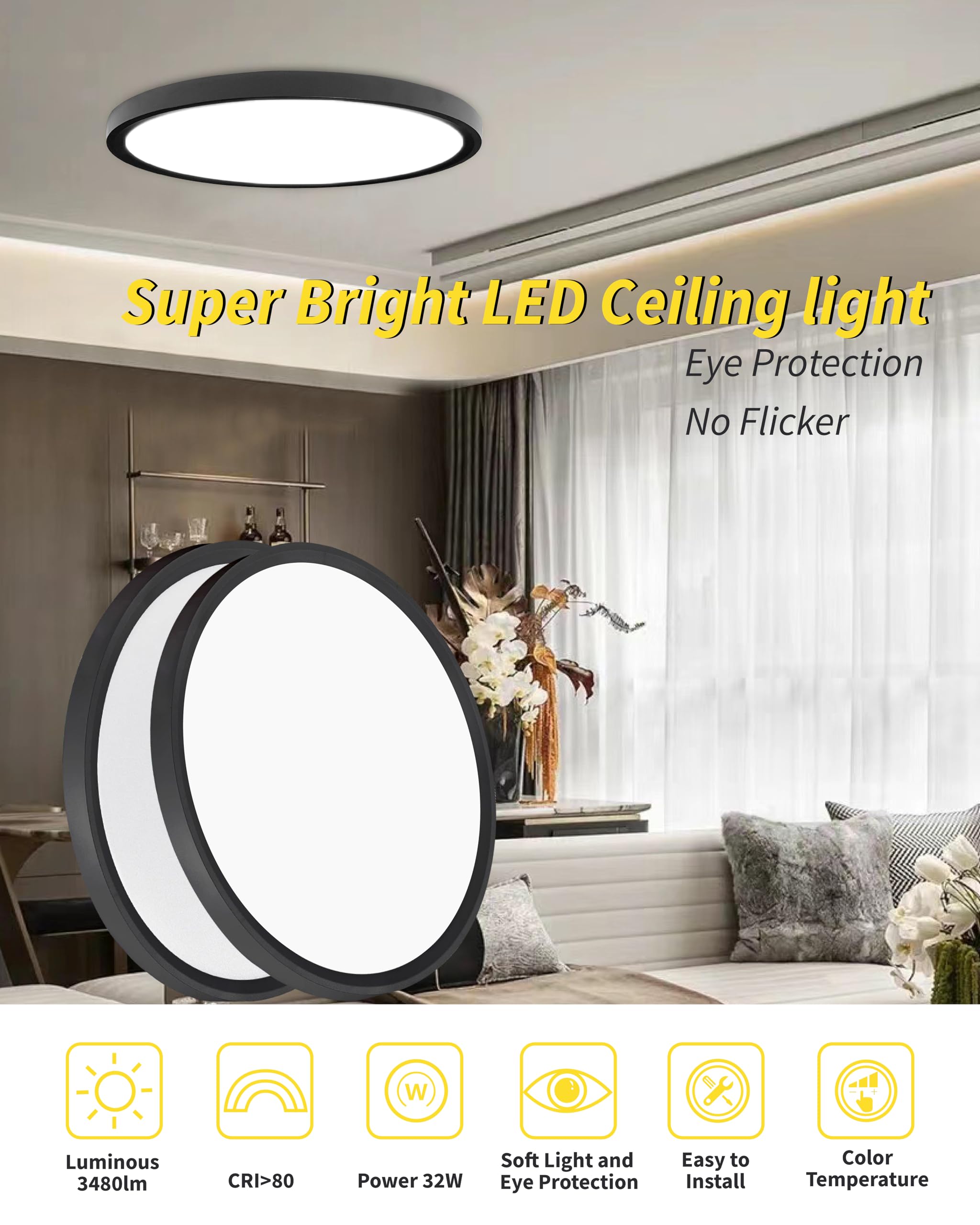 6Pack 16 Inch Led Flush Mount Ceiling Light Panel, 32W,3480Lm, 3000K/4000K/6000K Cct Selectable,Ultra Thin Round Black Ceiling L
