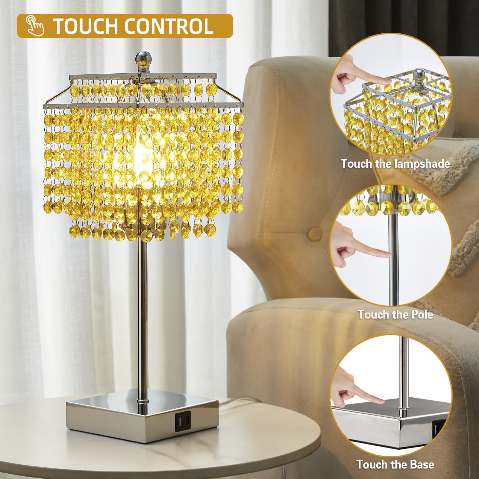 Crystal Table Lamp With Touch Control, Bedside Lamp With Usb C+A Ports, 3-Way Dimmable With Crystal Shade For Girls Bedroom, Liv