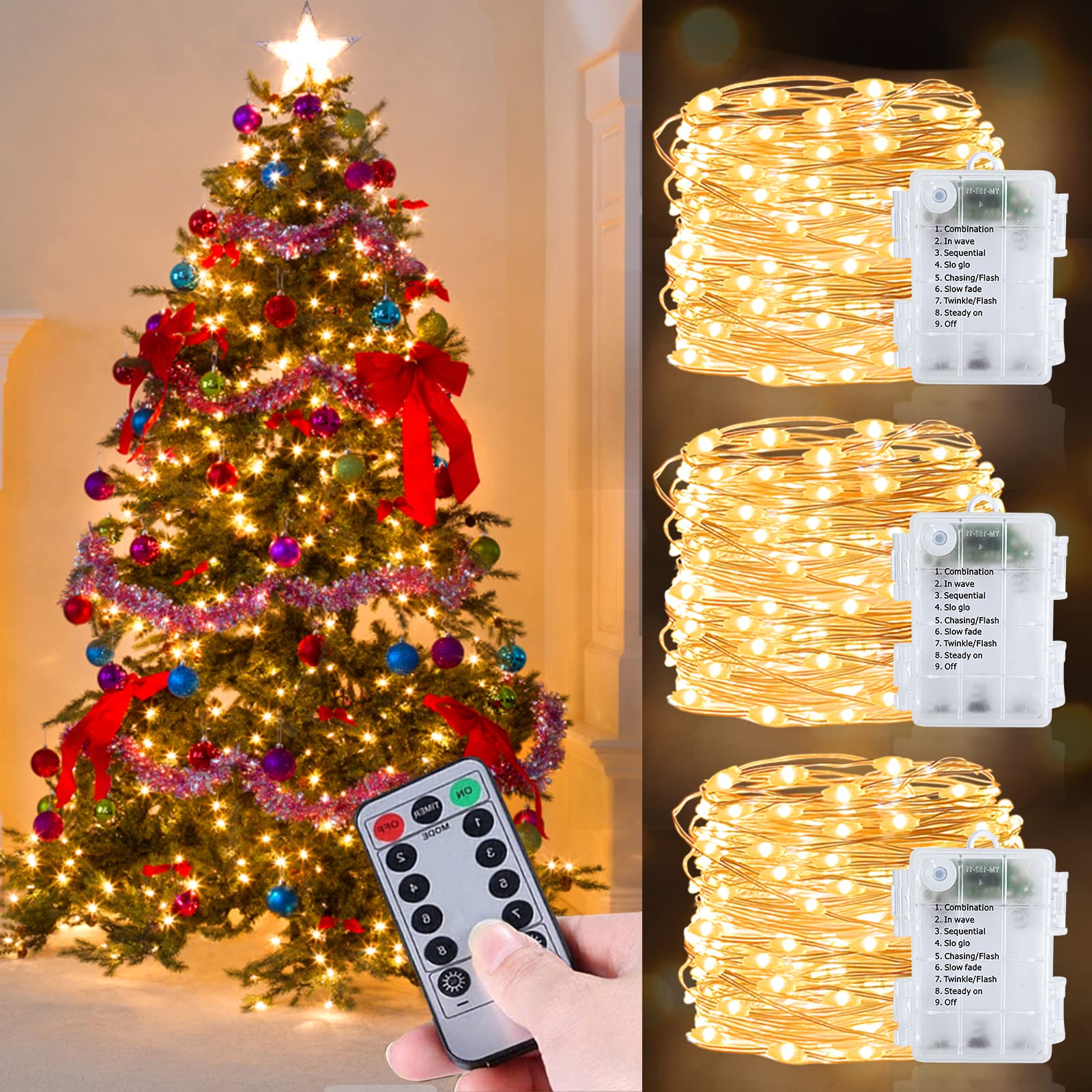 Turnmeon 240 Led Warm White Copper Wire String Lights - 80Ft, 8 Modes, Battery Operated, Waterproof