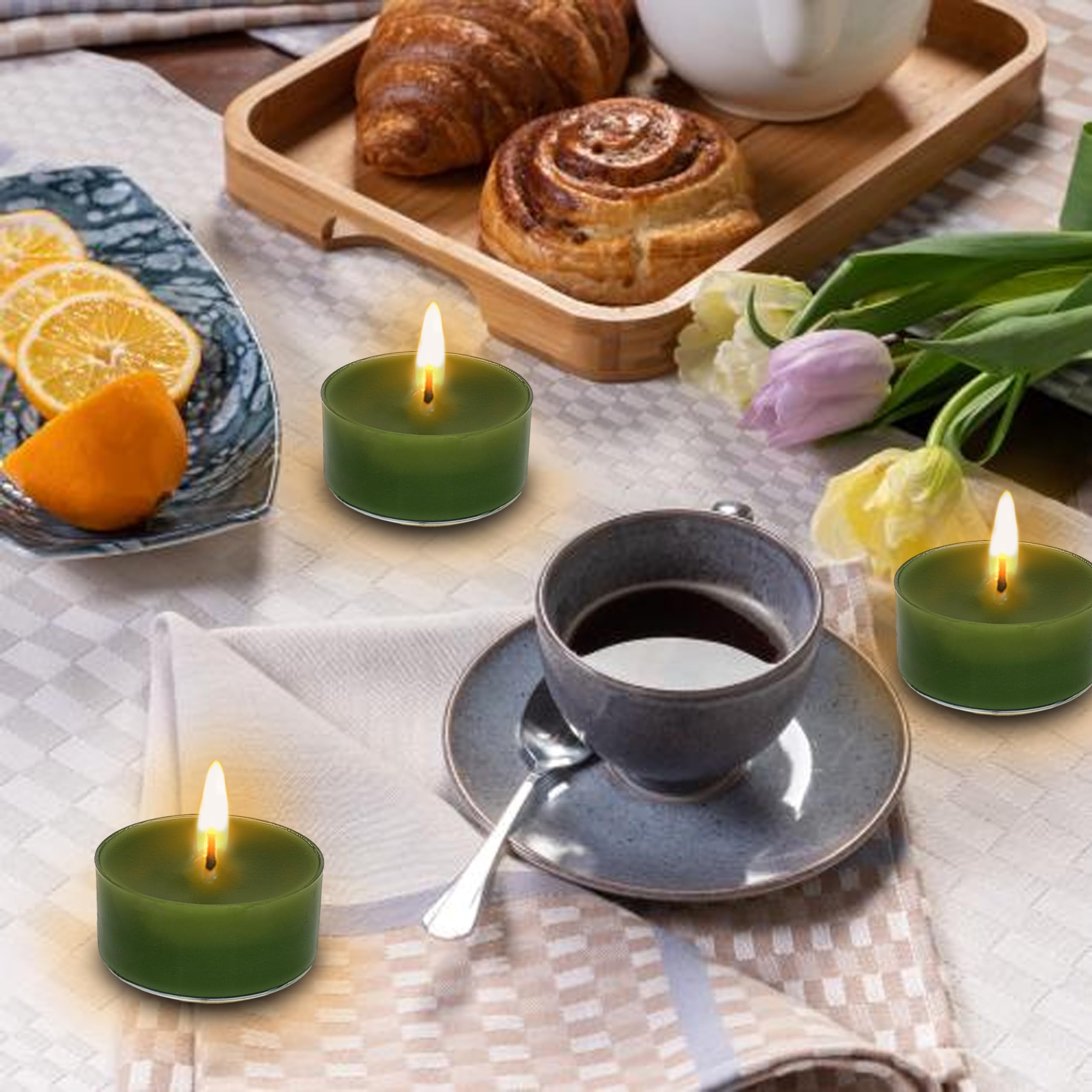 FCMSHAMD Cedar Scented Tealight Candles, Paraffin Wax, Dark Green, 1.5x0.7 In, 24 Pack, 5 Hour Burn Time